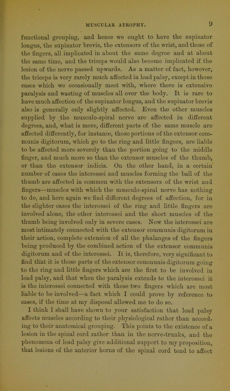 functional grouping, and hence we ought to have the supinator longus, the supinator brevis, the extensors of the wrist, and those of the fingers, all implicated in about the same degree and at about the same time, and the triceps would also become implicated if the lesion of the nerve passed upwards. As a matter of fact, however, the triceps is very rarely much affected in lead palsy, except in those cases which we occasionally meet with, where there is extensive paralysis and wasting of muscles all over the body. It is rare to have much affection of the supinator longus, and the supinator brevis also is generally only slightly affected. Even the other muscles supplied by the musculo-spiral nerve are affected in different degrees, and, what is more, different parts of the same muscle are affected differently, for instance, those portions of the extensor com- munis digitorum, which go to the ring and little fingers, are liable to be affected more severely than the portion going to the middle finger, and much more so than the extensor muscles of the thumb, or than the extensor indicis. On the other hand, in a certain number of cases the interossei and muscles forming the ball of the thumb are affected in common with the extensors of the wrist and fingers—muscles with which the musculo-spiral nerve has nothing to do, and here again we find different degrees of affection, for in the slighter cases the interossei of the ring and little fingers are involved alone, the other interossei and the short muscles of the thumb being involved only in severe cases. Now the interossei are most intimately connected with the extensor communis digitorum in their action, complete extension of all the phalanges of the fingers being produced by the combined action of the extensor communis digitorum and of the interossei. It is, therefore, vei’y significant to find that it is those parts of the extensor communis digitorum going to the ring and little fingers which are the first to be involved in lead palsy, and that when the paralysis extends to the interossei it is the interossei connected with these two fingers which are most liable to be involved—a fact which I could prove by reference to cases, if the time at my disposal allowed me to do so. I think I shall have shown to your satisfaction that lead palsy affects muscles according to their physiological rather than accord- ing to their anatomical grouping. This points to the existence of a lesion in the spinal cord rather than in the nerve-trunks, and the phenomena of lead palsy give additional support to my proposition, that lesions of the anterior horns of the spinal cord tend to affect