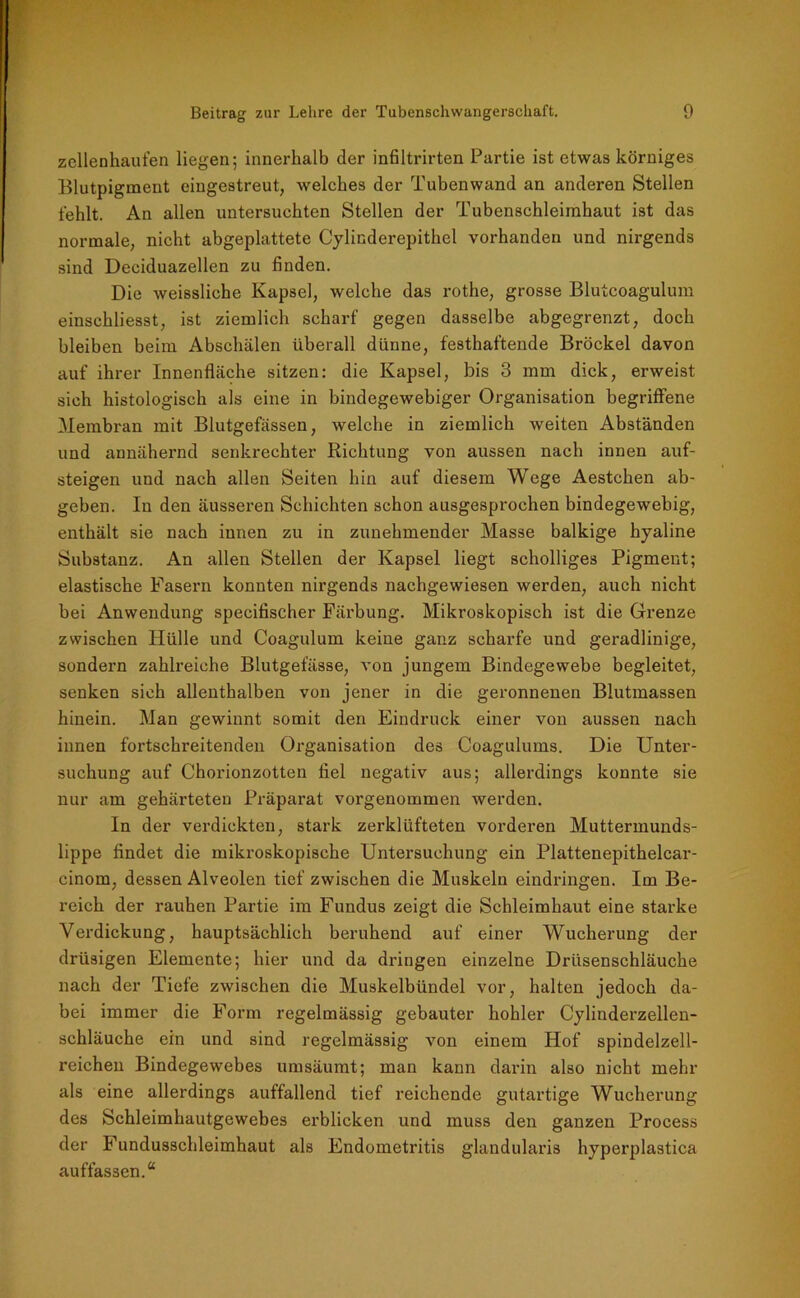 zellenhaufen liegen; innerhalb der infiltrirten Partie ist etwas körniges Blutpigment eingestreut, welches der Tuben wand an anderen Stellen fehlt. An allen untersuchten Stellen der Tubenschleimhaut ist das normale, nicht abgeplattete Cylinderepithel vorhanden und nirgends sind Deciduazellen zu finden. Die weissliche Kapsel, welche das rothe, grosse Blutcoagulum einschliesst, ist ziemlich scharf gegen dasselbe abgegrenzt, doch bleiben beim Abschälen überall dünne, festhaftende Brockel davon auf ihrer Innenfläche sitzen: die Kapsel, bis 3 mm dick, erweist sich histologisch als eine in bindegewebiger Organisation begriffene Membran mit Blutgefässen, welche in ziemlich weiten Abständen und annähernd senkrechter Richtung von aussen nach innen auf- steigen und nach allen Seiten hin auf diesem Wege Aestchen ab- geben. In den äusseren Schichten schon ausgesprochen bindegewebig, enthält sie nach innen zu in zunehmender Masse balkige hyaline Substanz. An allen Stellen der Kapsel liegt scholliges Pigment; elastische Fasern konnten nirgends nachgewiesen werden, auch nicht bei Anwendung specitischer Färbung. Mikroskopisch ist die Grenze zwischen Hülle und Coagulum keine ganz scharfe und geradlinige, sondern zahlreiche Blutgefässe, von jungem Bindegewebe begleitet, senken sich allenthalben von jener in die geronnenen Blutmassen hinein. Man gewinnt somit den Eindruck einer von aussen nach innen fortschreitenden Organisation des Coagulums. Die Unter- suchung auf Chorionzotten fiel negativ aus; allerdings konnte sie nur am gehärteten Präparat vorgenommen werden. In der verdickten, stark zerklüfteten vorderen Muttermunds- lippe findet die mikroskopische Untersuchung ein Plattenepithelcar- cinom, dessen Alveolen tief zwischen die Muskeln eindringen. Im Be- reich der rauhen Partie im Fundus zeigt die Schleimhaut eine starke Verdickung, hauptsächlich beruhend auf einer Wucherung der drüsigen Elemente; hier und da dringen einzelne Drüsenschläuche nach der Tiefe zwischen die Muskelbündel vor, halten jedoch da- bei immer die Form regelmässig gebauter hohler Cylinderzellen- schläuche ein und sind regelmässig von einem Hof spindelzell- reichen Bindegewebes umsäumt; man kann darin also nicht mehr als eine allerdings auffallend tief reichende gutartige Wucherung des Schleimhautgewebes erblicken und muss den ganzen Process der Fundusschleimhaut als Endometritis glandularis hyperplastica auffassen.“