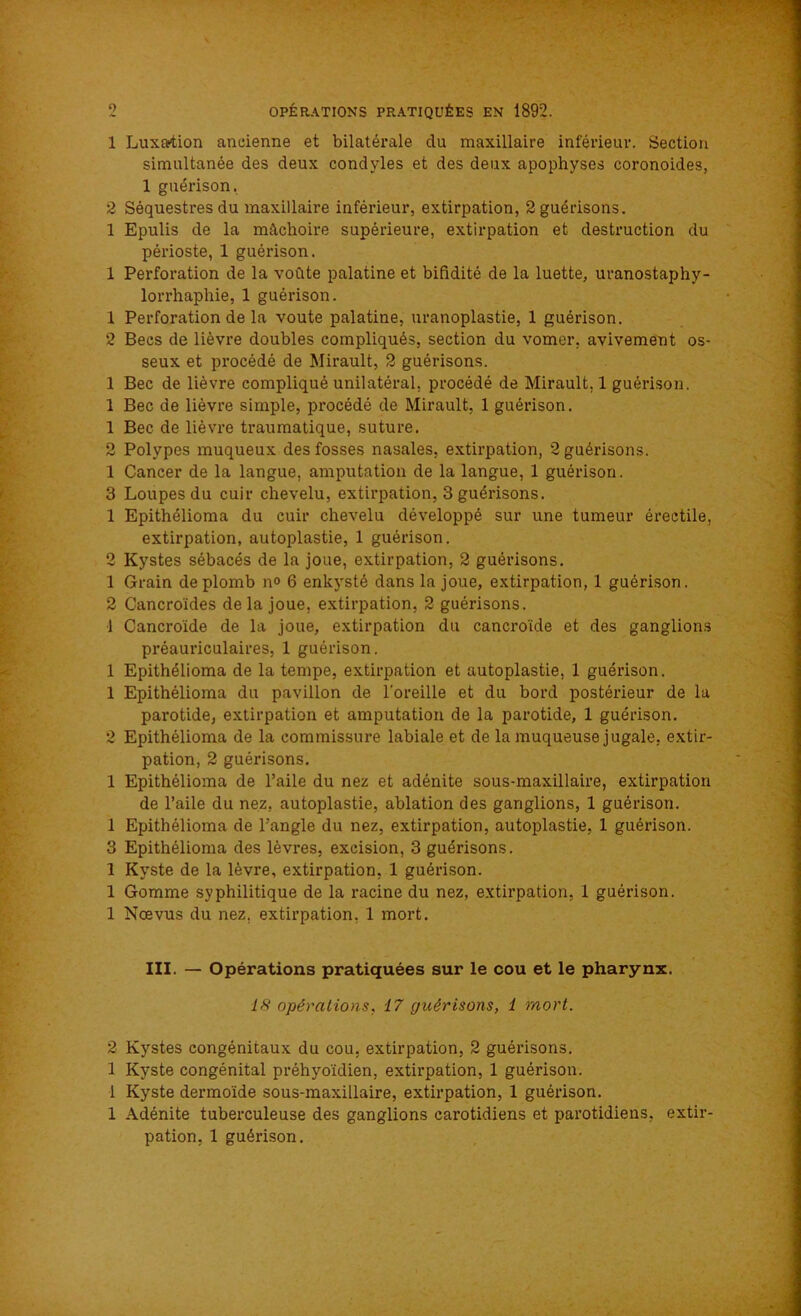 1 Luxation ancienne et bilatérale du maxillaire inférieur. Section simultanée des deux condyles et des deux apophyses coronoides, 1 guérison. 2 Séquestres du maxillaire inférieur, extirpation, 2 guérisons. 1 Epulis de la mâchoire supérieure, extirpation et destruction du périoste, 1 guérison. 1 Perforation de la voûte palatine et bifidité de la luette, uranostaphy- lorrhaphie, 1 guérison. 1 Perforation de la voûte palatine, uranoplastie, 1 guérison. 2 Becs de lièvre doubles compliqués, section du vomer, avivement os- seux et procédé de Mirault, 2 guérisons. 1 Bec de lièvre compliqué unilatéral, procédé de Mirault, 1 guérison. 1 Bec de lièvre simple, procédé de Mirault, 1 guérison. 1 Bec de lièvre traumatique, suture. 2 Polypes muqueux des fosses nasales, extirpation, 2 guérisons. 1 Cancer de la langue, amputation de la langue, 1 guérison. 3 Loupes du cuir chevelu, extirpation, 3 guérisons. 1 Epithélioma du cuir chevelu développé sur une tumeur érectile, extirpation, autoplastie, 1 guérison. 2 Kystes sébacés de la joue, extirpation, 2 guérisons. 1 Grain de plomb n° 6 enkysté dans la joue, extirpation, 1 guérison. 2 Cancroïdes delà joue, extirpation, 2 guérisons. 1 Cancroïde de la joue, extirpation du cancroïde et des ganglions préauriculaires, 1 guérison. 1 Epithélioma de la tempe, extirpation et autoplastie, 1 guérison. 1 Epithélioma du pavillon de l'oreille et du bord postérieur de la parotide, extirpation et amputation de la parotide, 1 guérison. 2 Epithélioma de la commissure labiale et de la muqueuse jugale, extir- pation, 2 guérisons. 1 Epithélioma de l’aile du nez et adénite sous-maxillaire, extirpation de l’aile du nez. autoplastie, ablation des ganglions, 1 guérison. 1 Epithélioma de l’angle du nez, extirpation, autoplastie, 1 guérison. 3 Epithélioma des lèvres, excision, 3 guérisons. 1 Kyste de la lèvre, extirpation, 1 guérison. 1 Gomme syphilitique de la racine du nez, extirpation, 1 guérison. 1 Nœvus du nez, extirpation, 1 mort. III. — Opérations pratiquées sur le cou et le pharynx. 18 opérations, 17 guérisons, 1 mort. 2 Kystes congénitaux du cou, extirpation, 2 guérisons. 1 Kyste congénital préhyoïdien, extirpation, 1 guérison. 1 Kyste dermoïde sous-maxillaire, extirpation, 1 guérison. 1 Adénite tuberculeuse des ganglions carotidiens et parotidiens, extir- pation, 1 guérison.