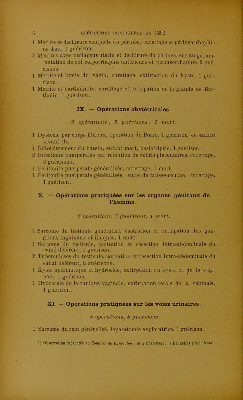 1 Métrite et déchirure complète du périnée, curettage et périnéorrhaphie de Tait, 1 guérison. 2 Métrites avec prolapsus utérin et déchirure du périnée, curettage, am- putation du col, colporrhaphie antérieure et périnéorrhaphie. 2 gué risons. 1 Métrite et kyste du vagin, curettage, extirpation du kyste, 1 gué- rison . 1 Métrite et bartholinite. curettage et extirpation de la glande de Bar- tholin, 1 guérison. IX. — Opérations obstétricales. 6 opérations, 5 guérisons, i mort. 1 Dystocie par corps fibreux, opération de Porro, 1 guérison et enfant vivant (1). 1 Rétrécissement du bassin, enfant mort, basiotripsie, 1 guérison. 2 Infections puerpérales par rétention de débris placentaires, curettage, 2 guérisons. 1 Péritonite puerpérale généralisée, curettage, 1 mort. 1 Péritonite puerpérale généralisée, suite de fausse-couche, curettage, 1 guérison. X. — Opérations pratiquées sur les organes génitaux de l’homme. 6 opérations, 5 guérisons, 1 mort. 1 Sarcome du testicule généralisé, castration et extirpation des gan- glions inguinaux et iliaques, 1 mort. 1 Sarcome du testicule, castration et résection intra-abdominale du canal déférent, 1 guérison. 2 Tuberculoses du testicule,castration et résection intra-abdominale du canal déférent, 2 guérisons: 1 Kyste spermatique et hydrocèle, extirpation du kyste et de la vagi- nale, 1 guérison. 1 Hydrocèle de la tunique vaginale, extirpation totale de la vaginale. 1 guérison. XI. — Opérations pratiquées sur les voies urinaires. 8 opérations, 8 guérisons. 1 Sarcome du rein généralisé, laparatomie exploratrice, 1 guérison. (1) Observation présentée au Congrès de Gynécologie et d‘Obstétrique, à Bruxelles (loco citato'.