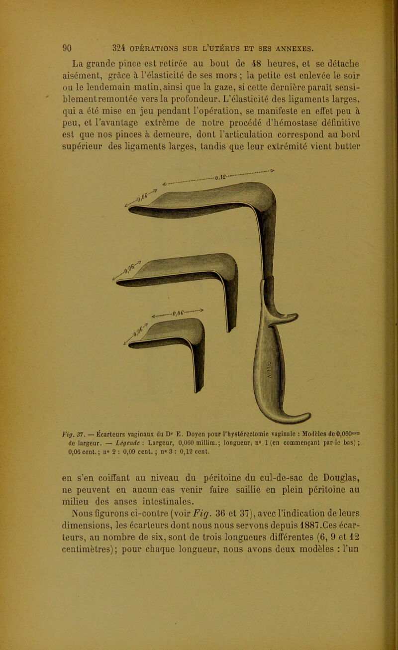 La grande pince est retirée au bout de 48 heures, et se détache aisément, grâce cà l’élasticité de ses mors ; la petite est enlevée le soir ou le lendemain matin, ainsi que la gaze, si cette dernière parait sensi- hlementremontée vers la profondeur. L’élasticité des ligaments larges, qui a été mise en jeu pendant l’opération, se manifeste en effet peu à peu, et l’avantage extrême de notre procédé d'hémostase définitive est que nos pinces à demeure, dont l’articulation correspond au bord supérieur des ligaments larges, tandis que leur extrémité vient butter Fig. 37. — Écarteurs vaginaux du Dr E. Doyen pour l’hystôrcctomie vaginale : Modèles dcO^GO'11 de largeur. — Légende: Largeur, 0,0G0 millim.; longueur, n° 1 (en commençant parle bas); 0,06 cent. ; n° 2 : 0,09 cent. ; n» 3 : 0,12 cent. en s’en coiffant au niveau du péritoine du cul-de-sac de Douglas, ne peuvent en aucun cas venir faire saillie en plein péritoine au milieu des anses intestinales. Nous figurons ci-contre (voir Fig. 36 et 37), avec l’indication de leurs dimensions, les écarteurs dont nous nous servons depuis 1887.Ces écar- teurs, au nombre de six, sont de trois longueurs différentes (6, 9 et 12 centimètres); pour chaque longueur, nous avons deux modèles : l’un ->