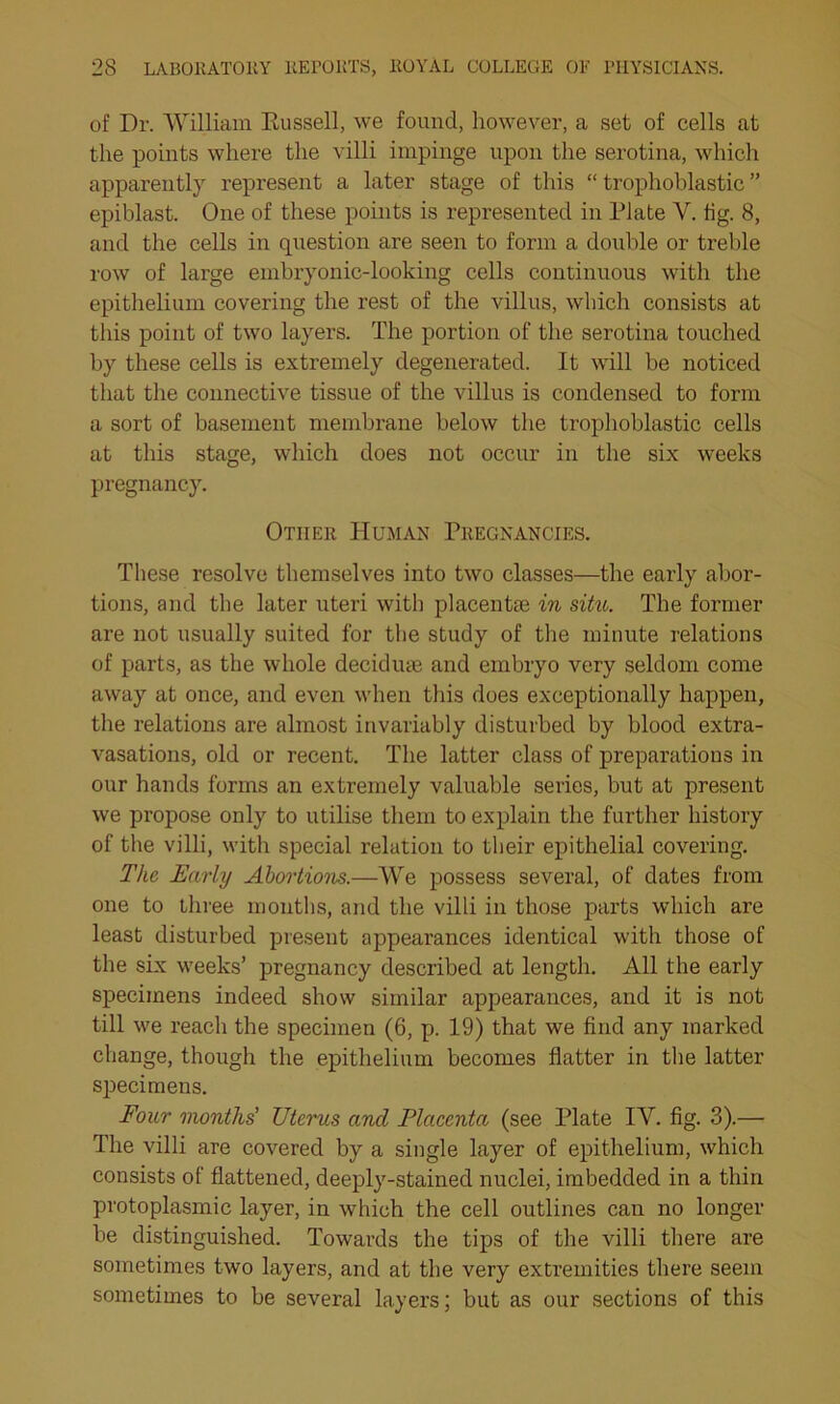 of Dr. William Russell, we found, however, a set of cells at the points where the villi impinge upon the serotina, which apparently represent a later stage of this “ trophoblastic ” epiblast. One of these points is represented in Plate Y. tig. 8, and the cells in question are seen to form a double or treble row of large embryonic-looking cells continuous with the epithelium covering the rest of the villus, which consists at this point of two layers. The portion of the serotina touched by these cells is extremely degenerated. It will be noticed that the connective tissue of the villus is condensed to form a sort of basement membrane below the trophoblastic cells at this stage, which does not occur in the six weeks pregnancy. Other Human Pregnancies. These resolve themselves into two classes—the early abor- tions, and the later uteri with placentae in situ. The former are not usually suited for the study of the minute relations of parts, as the whole deciduae and embryo very seldom come away at once, and even when this does exceptionally happen, the relations are almost invariably disturbed by blood extra- vasations, old or recent. The latter class of preparations in our hands forms an extremely valuable series, but at present we propose only to utilise them to explain the further history of the villi, with special relation to their epithelial covering. The Early Abortions.—We possess several, of dates from one to three mouths, and the villi in those parts which are least disturbed present appearances identical with those of the six weeks’ pregnancy described at length. All the early specimens indeed show similar appearances, and it is not till we reach the specimen (6, p. 19) that we find any marked change, though the epithelium becomes flatter in the latter specimens. Four months' Utems and Placenta (see Plate IY. fig. 3).— The villi are covered by a single layer of epithelium, which consists of flattened, deeply-stained nuclei, imbedded in a thin protoplasmic layer, in which the cell outlines can no longer be distinguished. Towards the tips of the villi there are sometimes two layers, and at the very extremities there seem sometimes to be several layers; but as our sections of this