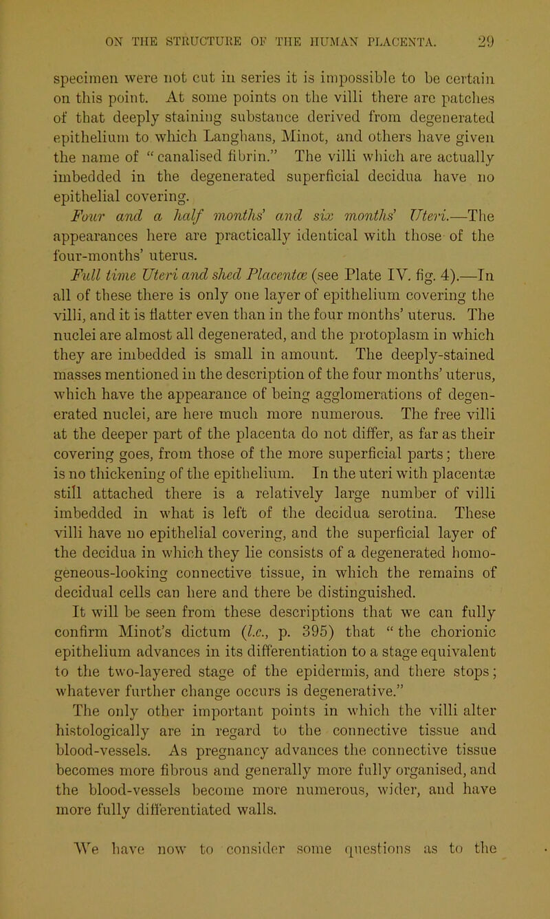 specimen were not cut in series it is impossible to be certain on this point. At some points on the villi there are patches of that deeply staining substance derived from degenerated epithelium to which Langhans, Minot, and others have given the name of “canalised fibrin.” The villi which are actually imbedded in the degenerated superficial decidua have no epithelial covering. Four and a half months' and six months' Uteri.—The appearances here are practically identical with those of the four-months’ uterus. Full time Uteri and shed Placentae (see Plate IV. fig. 4).—In all of these there is only one layer of epithelium covering the villi, and it is flatter even than in the four months’ uterus. The nuclei are almost all degenerated, and the protoplasm in which they are imbedded is small in amount. The deeply-stained masses mentioned in the description of the four months’ uterus, which have the appearance of being agglomerations of degen- erated nuclei, are here much more numerous. The free villi at the deeper part of the placenta do not differ, as far as their covering goes, from those of the more superficial parts; there is no thickening of the epithelium. In the uteri with placentm still attached there is a relatively large number of villi imbedded in what is left of the decidua serotina. These villi have no epithelial covering, and the superficial layer of the decidua in which they lie consists of a degenerated homo- geneous-looking connective tissue, in which the remains of decidual cells can here and there be distinguished. It will be seen from these descriptions that we can fully confirm Minot’s dictum (l.c., p. 395) that “ the chorionic epithelium advances in its differentiation to a stage equivalent to the two-layered stage of the epidermis, and there stops; whatever further change occurs is degenerative.” The only other important points in which the villi alter histologically are in regard to the connective tissue and blood-vessels. As pregnancy advances the connective tissue becomes more fibrous and generally more fully organised, and the blood-vessels become more numerous, wider, and have more fully differentiated walls. We have now to consider some questions as to the