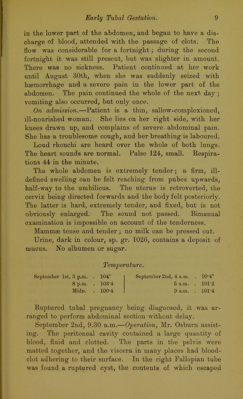 in the lower part of the abdomen, and began to have a dis- charge of blood, attended with the passage of clots. The flow was considerable for a fortnight; during the second fortnight it was still present, but was slighter in amount. There was no sickness. Patient continued at her work until August 30th, when she was suddenly seized with haemorrhage and a severe pain in the lower part of the abdomen. The pain continued the whole of the next day ; vomiting also occurred, but only once. On admission.—Patient is a thin, sallow-complexioned, ill-nourished woman. She lies on her right side, with her knees drawn up, and complains of severe. abdominal pain. She has a troublesome cough, and her breathing is laboured. Loud rhonchi are heard over the whole of both lungs. The heart sounds are normal. Pulse 124, small. Respira- tions 44 in the minute. The whole abdomen is extremely tender; a firm, ill- defined swelling can be felt reaching from pubes upwards, half-way to the umbilicus. The uterus is retroverted, the cervix being directed forwards and the body felt posterioi-ly. The latter is hard, extremely tender, and fixed, but is not obviously enlarged. The sound not passed. Bimanual examination is impossible on account of the tenderness. Mammae tense and tender ; no milk can be pressed out. Urine, dark in colour, sp. gr. 1026, contains a deposit of mucus. No albumen or sugar. September 1st, 3 p.m. 8 p.m. Midn. Temperature. 104° 103-4 100-4 September 2nd, 4 a.in. 5 a.m. 9 a.m. 99-4° 101-2 101-4 Ruptured tubal pregnancy beiug diagnosed, it was ar- ranged to perform abdominal section without delay. September 2nd, 9.30 a.m.—Operation, Mr. Osburn assist- ing. The peritoneal cavity contained a large quantity of blood, fluid and clotted. The parts in the pelvis were matted together, and the viscera in many places had blood- clot adhering to their surface. In the right Fallopian tube was found a ruptured cyst, the contents of which escaped