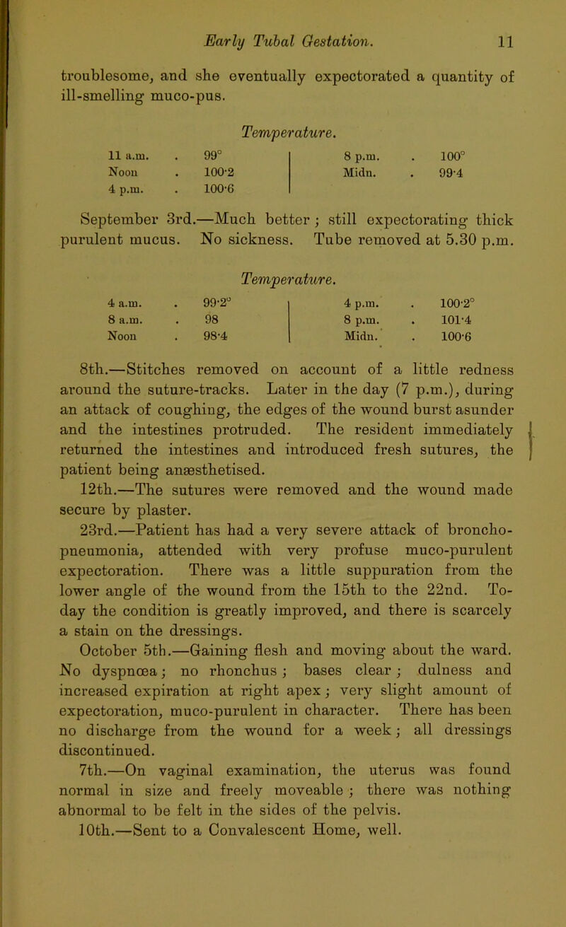 troublesome, and she eventually expectorated a quantity of ill-smelling muco-pus. Temperature. 11 a.m. 99° 8 p.m. 100° Noon 100-2 Midn. 99-4 4 p.m. 100-6 September 3rd.—Much better ; still expectorating thick purulent mucus. No sickness. Tube removed at 5.30 p.m. Temperature. 4 a.m. 99-2° 4 p.m. 100-2° 8 a.m. 98 8 p.m. 101-4 Noon 98-4 Midn. 100-6 8th.—Stitches removed on account of a little redness around the suture-tracks. Later in the day (7 p.m.), during an attack of coughing, the edges of the wound burst asunder and the intestines protruded. The resident immediately returned the intestines and introduced fresh sutures, the patient being anaesthetised. 12th.—The sutures were removed and the wound made secure by plaster. 23rd.—Patient has had a very severe attack of broncho- pneumonia, attended with very profuse muco-purulent expectoration. There was a little suppuration from the lower angle of the wound from the 15th to the 22nd. To- day the condition is greatly improved, and there is scarcely a stain on the dressings. October 5th.—Gaining flesh and moving about the ward. No dyspnoea; no rhonchus ; bases clear; dulness and increased expiration at right apex; very slight amount of expectoration, muco-purulent in character. There has been no discharge from the wound for a week; all dressings discontinued. 7th.—On vaginal examination, the uterus was found normal in size and freely moveable ; there was nothing abnormal to be felt in the sides of the pelvis. 10th.—Sent to a Convalescent Home, well.