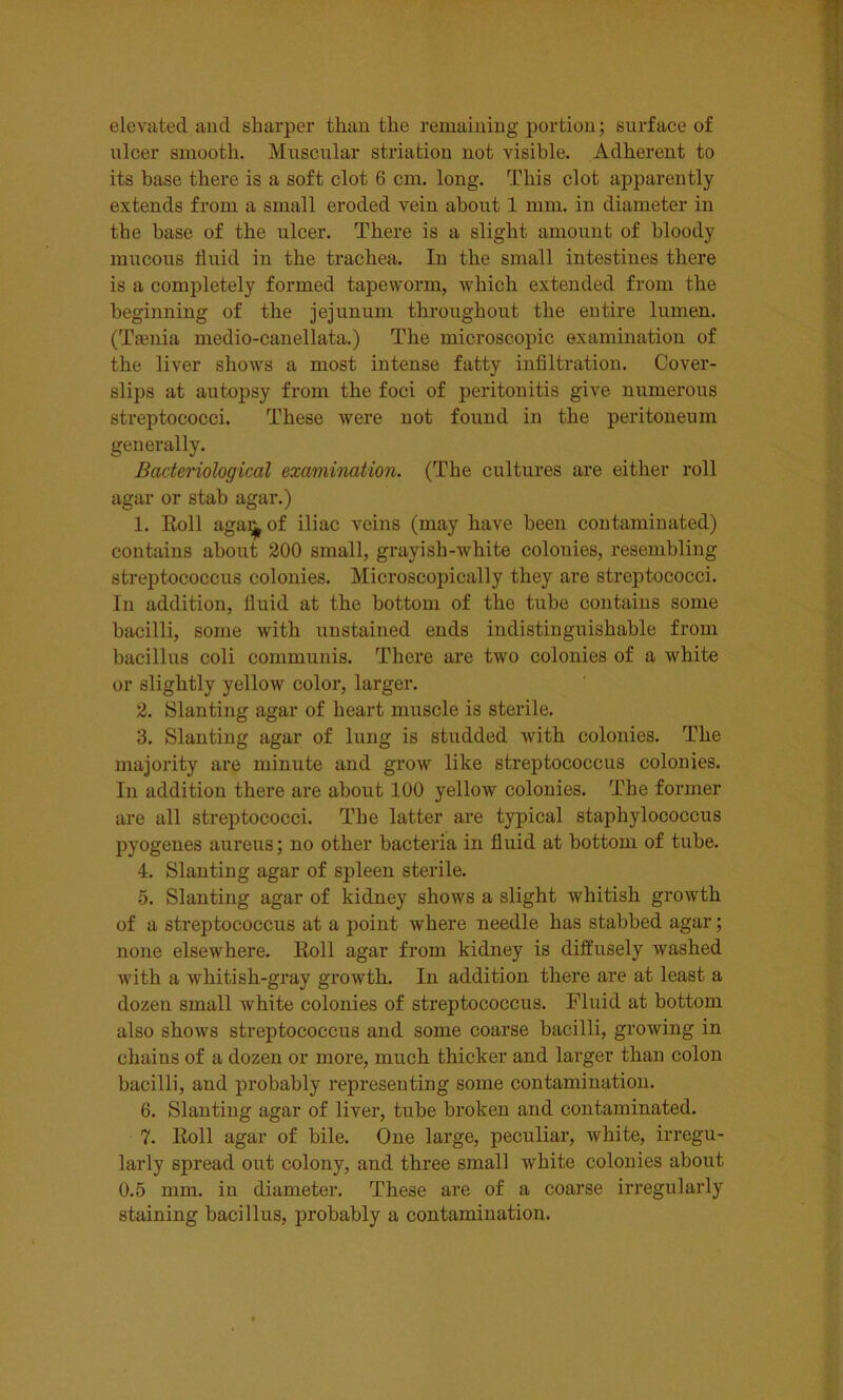 elevated and sharper than the remaining portion; surface of nicer smooth. Muscular striation not visible. Adherent to its base there is a soft clot 6 cm. long. This clot apparently extends from a small eroded vein about 1 mm. in diameter in the base of the ulcer. There is a slight amount of bloody mucous fluid in the trachea. In the small intestines there is a completely formed tapeworm, which extended from the beginning of the jejunum throughout the entire lumen. (Tamia medio-canellata.) The microscopic examination of the liver shows a most intense fatty infiltration. Cover- slips at autopsy from the foci of peritonitis give numerous streptococci. These were not found in the peritoneum generally. Bacteriological examination. (The cultures are either roll agar or stab agar.) 1. Roll agai^of iliac veins (may have been contaminated) contains about 200 small, grayish-white colonies, resembling streptococcus colonies. Microscopically they are streptococci. In addition, fluid at the bottom of the tube contains some bacilli, some with unstained ends indistinguishable from bacillus coli communis. There are two colonies of a white or slightly yellow color, larger. 2. Slanting agar of heart muscle is sterile. 3. Slanting agar of lung is studded with colonies. The majority are minute and grow like streptococcus colonies. In addition there are about 100 yellow colonies. The former are all streptococci. The latter are typical staphylococcus pyogenes aureus; no other bacteria in fluid at bottom of tube. 4. Slanting agar of spleen sterile. 5. Slanting agar of kidney shows a slight whitish growth of a streptococcus at a point where needle has stabbed agar; none elsewhere. Roll agar from kidney is diffusely washed with a whitish-gray growth. In addition there are at least a dozen small white colonies of streptococcus. Fluid at bottom also shows streptococcus and some coarse bacilli, growing in chains of a dozen or more, much thicker and larger than colon bacilli, and probably representing some contamination. 6. Slanting agar of liver, tube broken and contaminated. 7. Roll agar of bile. One large, peculiar, white, irregu- larly spread out colony, and three small white colonies about 0.5 mm. in diameter. These are of a coarse irregularly staining bacillus, probably a contamination.