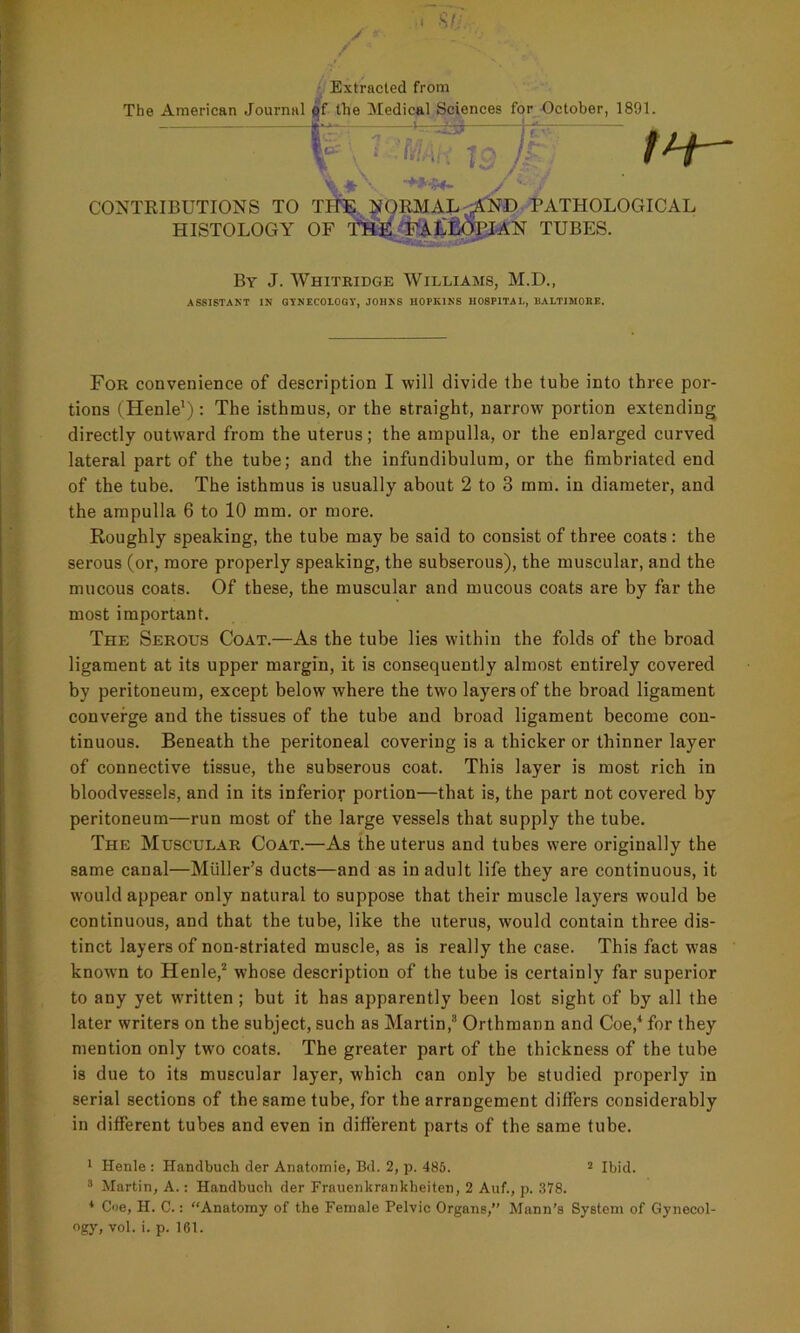 / Extracted from The American Journal of the Medical Sciences for October, 1891. w n % *■ -**•**- / CONTRIBUTIONS TO THE NORMAL-AND PATHOLOGICAL HISTOLOGY OF THE FALLOPIAN TUBES. By J. Whitridge Williams, M.D., ASSISTANT IN GYNECOLOGY, JOHNS HOPKINS HOSPITAL, BALTIMORE. For convenience of description I will divide the tube into three por- tions (Henle1): The isthmus, or the straight, narrow portion extending directly outward from the uterus; the ampulla, or the enlarged curved lateral part of the tube; and the infundibulum, or the fimbriated end of the tube. The isthmus is usually about 2 to 3 mm. in diameter, and the ampulla 6 to 10 mm. or more. Roughly speaking, the tube may be said to consist of three coats: the serous (or, more properly speaking, the subserous), the muscular, and the mucous coats. Of these, the muscular and mucous coats are by far the most important. The Serous Coat.—As the tube lies within the folds of the broad ligament at its upper margin, it is consequently almost entirely covered by peritoneum, except below where the two layers of the broad ligament converge and the tissues of the tube and broad ligament become con- tinuous. Beneath the peritoneal covering is a thicker or thinner layer of connective tissue, the subserous coat. This layer is most rich in bloodvessels, and in its inferior portion—that is, the part not covered by peritoneum—run most of the large vessels that supply the tube. The Muscular Coat.—As the uterus and tubes were originally the same canal—Muller’s ducts—and as in adult life they are continuous, it would appear only natural to suppose that their muscle layers would be continuous, and that the tube, like the uterus, would contain three dis- tinct layers of non-striated muscle, as is really the case. This fact was known to Henle,2 whose description of the tube is certainly far superior to any yet written ; but it has apparently been lost sight of by all the later writers on the subject, such as Martin,3 Orthmann and Coe,4 for they mention only two coats. The greater part of the thickness of the tube is due to its muscular layer, which can only be studied properly in serial sections of the same tube, for the arrangement differs considerably in different tubes and even in different parts of the same tube. 1 Henle : Handbuch der Anatomie, Bd. 2, p. 485. 2 Ibid. 3 Martin, A.: Handbuch der Frnuenkrankheiten, 2 Auf., p. 378. * Coe, H. C.: “Anatomy of the Female Pelvic Organs,” Mann’s System of Gynecol- ogy, vol. i. p. 161.