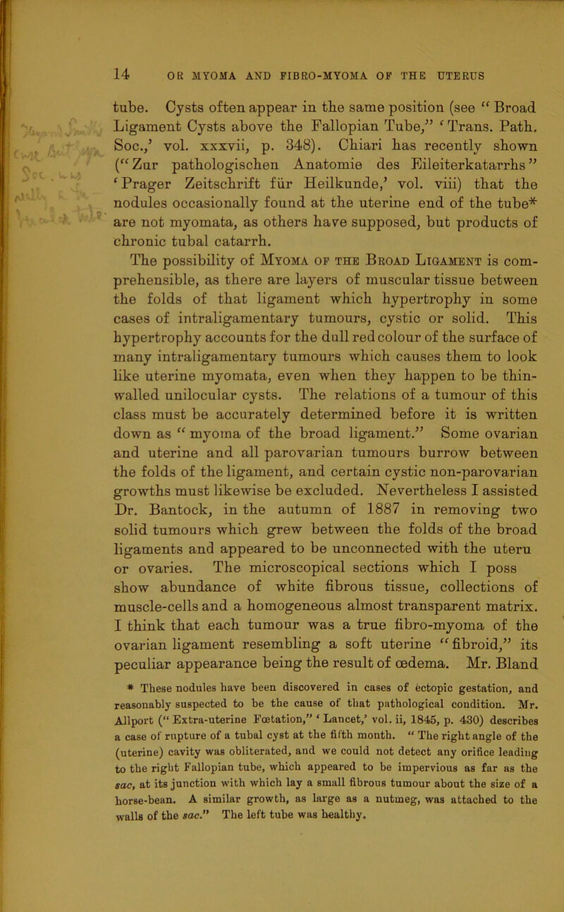 tube. Cysts often appear in the same position (see “ Broad Ligament Cysts above the Fallopian Tube/’ ‘ Trans. Path. Soc./ vol. xxxvii, p. 348). Chiari has recently shown (“Zur pathologischen Anatomie des Eileiterkatarrhs ” ‘Prager Zeitschrift fur Heilkunde/ vol. viii) that the nodules occasionally found at the uterine end of the tube* are not myomata, as others have supposed, but products of chronic tubal catarrh. The possibility of Myoma of the Broad Ligament is com- prehensible, as there are layers of muscular tissue between the folds of that ligament which hypertrophy in some cases of intraligamentary tumours, cystic or solid. This hypertrophy accounts for the dull red colour of the surface of many intraligamentary tumours which causes them to look like uterine myomata, even when they happen to be thin- walled unilocular cysts. The relations of a tumour of this class must be accurately determined before it is written down as “ myoma of the broad ligament.” Some ovarian and uterine and all parovarian tumours burrow between the folds of the ligament, and certain cystic non-parovarian growths must likewise be excluded. Nevertheless I assisted Dr. Bantock, in the autumn of 1887 in removing two solid tumours which grew between the folds of the broad ligaments and appeared to be unconnected with the uteru or ovaries. The microscopical sections which I poss show abundance of white fibrous tissue, collections of muscle-cells and a homogeneous almost transparent matrix. I think that each tumour was a true fibro-myoma of the ovarian ligament resembling a soft uterine “ fibroid,” its peculiar appearance being the result of oedema. Mr. Bland * These nodules have been discovered in cases of ectopic gestation, and reasonably suspected to he the cause of that pathological condition. Mr. Allport (“ Extra-uterine Fcetation,” ‘ Lancet/ vol. ii, 1845, p. 430) describes a case of rupture of a tubal cyst at the filth month. “ The right angle of the (uterine) cavity was obliterated, and we could not detect any orifice leading to the right Fallopian tube, which appeared to be impervious as far as the sac, at its junction with which lay a small fibrous tumour about the size of a horse-bean. A similar growth, as large as a nutmeg, was attached to the walls of the sac. The left tube was healthy.