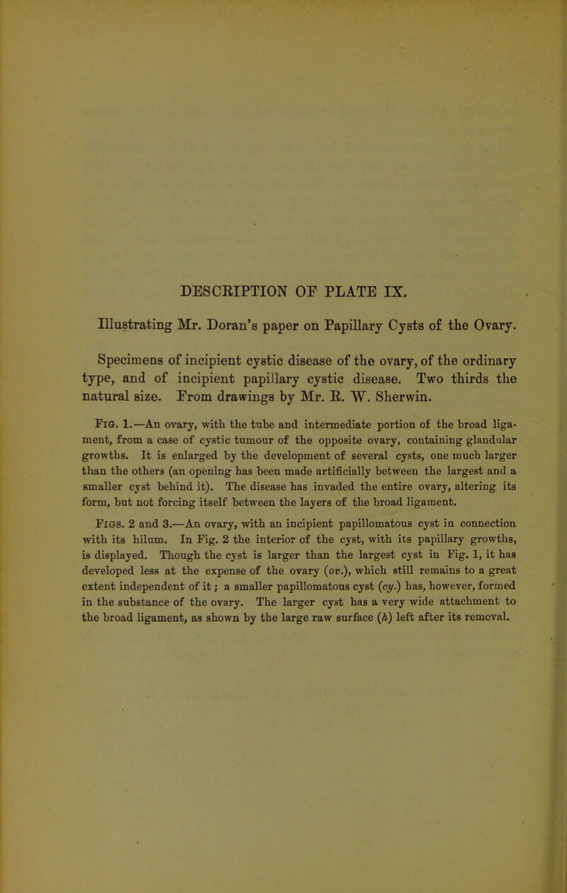 DESCRIPTION OF PLATE IX. Illustrating Mr. Doran’s paper on Papillary Cysts of the Ovary. Specimens of incipient cystic disease of the ovary, of the ordinary type, and of incipient papillary cystic disease. Two thirds the natural size. From drawings by Mr. R. W. Sherwin. Fig. 1.—An ovary, with the tube and intermediate portion of the broad liga- ment, from a case of cystic tumour of the opposite ovary, containing glandular growths. It is enlarged by the development of several cysts, one much larger than the others (an opening has been made artificially between the largest and a smaller cyst behind it). The disease has invaded the entire ovary, altering its form, but not forcing itself between the layers of the broad ligament. Figs. 2 and 3.—An ovary, with an incipient papillomatous cyst in connection with its hilum. In Fig. 2 the interior of the cyst, with its papillary growths, is displayed. Though the cyst is larger than the largest cyst in Fig. 1, it has developed less at the expense of the ovary (ov.), which still remains to a great extent independent of it; a smaller papillomatous cyst (cy.) has, however, formed in the substance of the ovary. The larger cyst has a very wide attachment to the broad ligament, as shown by the large raw surface (A) left after its removal.