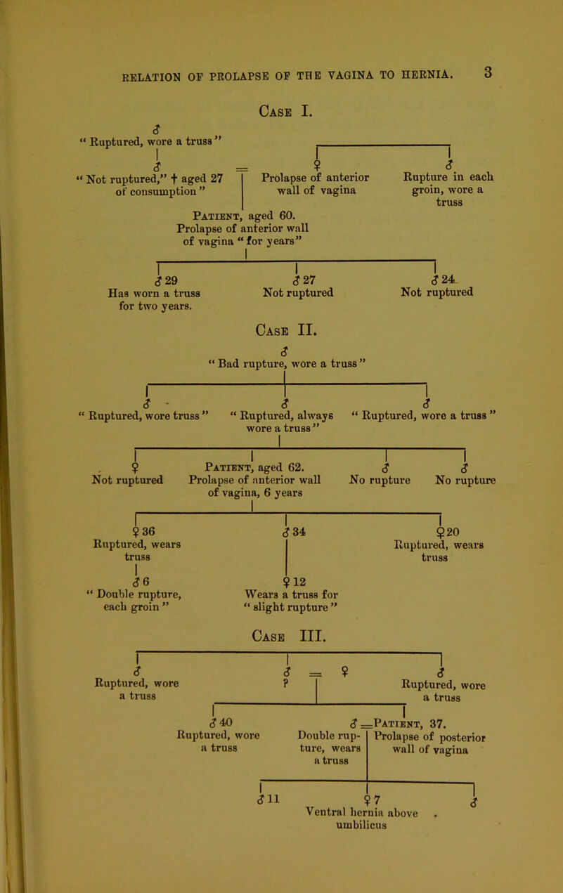 Case I. S “ Ruptured, wore a truss ” s “ Not ruptured,” f aged 27 of consumption ” r ? Prolapse of anterior wall of vagina Patient, aged 60. Prolapse of anterior wall of vagina “ for years” S 29 Has worn a truss for two years. <?27 Not ruptured <? Rupture in each groin, wore a truss I <? 24 Not ruptured Case II. <? “ Bad rupture, wore a truss ” “ Ruptured, wore truss ” “ Ruptured, always “ Ruptured, wore a truss ” wore a truss ” ? Not ruptured Patient, aged 62. Prolapse of anterior wall of vagiua, 6 years 1 <? <? No rupture No rupture 1 ?36 f 34 1 $20 Ruptured, wears Ruptured, wears truss 1 truss $ 6 ?12 “ Double rupture. Wears a truss for each groin ” “ slight rupture ” Case III. 1 1 d <? = Ruptured, wore ? a truss = ? i Ruptured, wore a truss 1 <? 40 <J = Ruptured, wore Double rup- a truss ture, wears a truss =Patient, 37. Prolapse of posterior wall of vagina 1 1 I ' | <? 11 ?7 Ventral hernia above umbilicus