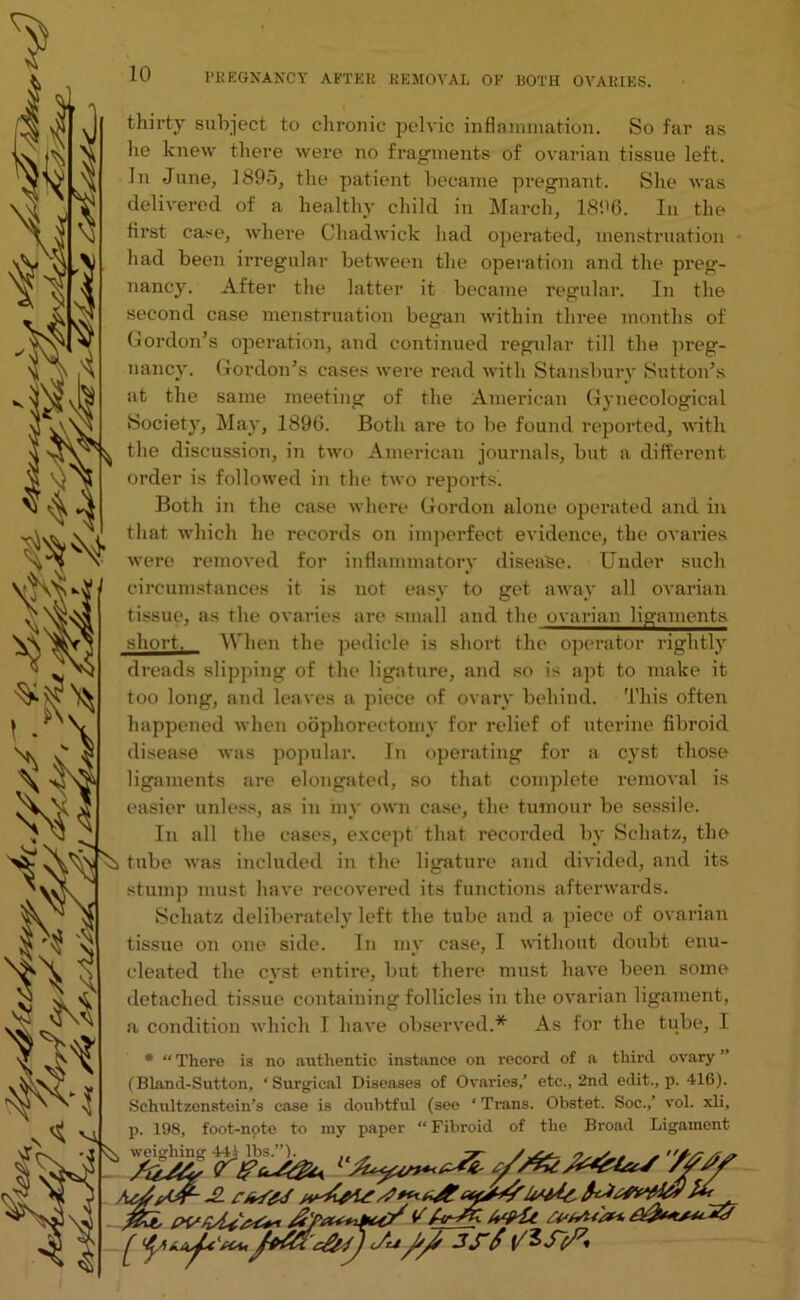 % thirty subject to chronic pelvic inflammation. So far as he knew there were no fragments of ovarian tissue left. In June, 1895, the patient became pregnant. She was delivered of a healthy child in March, 1896. In the first case, where Chadwick had operated, menstruation had been irregular between the operation and the preg- nancy. After the latter it became regular. In the second case menstruation began within three months of Gordon’s operation, and continued regular till the preg- nancy. Gordon’s cases were read with Stansbury Sutton’s at the same meeting of the American Gynecological Society, May, 1896. Both are to be found reported, with the discussion, in two American journals, but a different order is followed in the two reports. Both in the case where Gordon alone operated and in that which he records on imperfect evidence, the ovaries were removed for inflammatory disease. Under such circumstances it is not easy to get away all ovarian tissue, as the ovaries are small and the ovarian ligaments short. When the pedicle is short the operator rightly dreads slipping of the ligature, and so is apt to make it too long, and leaves a piece of ovary behind. This often happened when oophorectomy for relief of uterine fibroid disease was popular. In operating for a cyst those ligaments are elongated, so that complete removal is easier unless, as in my own case, the tumour be sessile. In all the cases, except that recorded by Schatz, the tube was included in the ligature and divided, and its stump must have recovered its functions afterwards. Schatz deliberately left the tube and a piece of ovarian tissue on one side. In my case, I without doubt enu- cleated the cyst entire, but there must have been some detached tissue containing follicles in the ovarian ligament, a condition which I have observed.* As for the tube, I * “ There is no authentic instance on record of a third ovary ” (Bland-Sutton, ‘Surgical Diseases of Ovaries,’ etc., 2nd edit., p. 416). Schultzenstein’s case is doubtful (see ‘ Trans. Obstet. Soc.,’ vol. xli, p. 198, foot-note to my paper “ Fibroid of the Broad Ligament -2 cfcf&f Ur ?kt, pvUSs**-f &****</ Vh-SG. UfU O'tf*** A#****-?? £ ^**4ifuJ/^ir 3 S'£ f/3