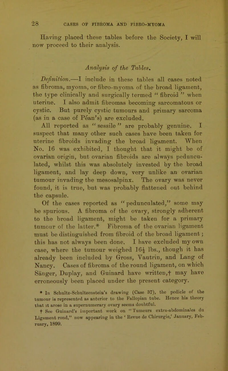 Having placed these tables before the Society, I will now proceed to their analysis. Analysis of the Tables. Definition.—I include in these tables all cases noted as fibroma, myoma, or fibro-myoma of the broad ligament, the type clinically and surgically termed “ fibroid ” when uterine. I also admit fibromas becoming sarcomatous or cystic. But purely cystic tumours and primary sarcoma (as in a case of Pean’s) are excluded. All reported as “ sessile ” are probably genuine. I suspect that many other such cases have been taken for uterine fibroids invading the broad ligament. When No. 16 was exhibited, I thought that it might be of ovarian origin, but ovarian fibroids are always peduncu- lated, whilst this was absolutely invested by the broad ligament, and lay deep down, very unlike an ovarian tumour invading the mesosalpinx. The ovary was never found, it is true, but was probably flattened out behind the capsule. Of the cases reported as “ pedunculated,” some may be spurious. A fibroma of the ovary, strongly adherent to the broad ligament, might be taken for a primary tumour of the latter.* Fibroma of the ovarian ligament must be distinguished from fibroid of the broad ligament; this has not always been done. I have excluded my own case, where the tumour weighed 16^ lbs., though it has already been included by Gross, Vautrin, and Lang of Nancy. Cases of fibroma of the round ligament, on which Sanger, Duplay, and Guinard have written, + may have erroneously been placed under the present category. * In Schultz-Scliultzensteia’s drawing (Case 37), the pedicle of the tumour is represented as anterior to the Fallopian tube. Hence his theory that it arose in a supernumerary ovary seems doubtful. f See Guinnrd’s important work on “Tumcurs extra-abdominales du Ligament rond,” now appearing in the ‘ Uevue de Cliirurgie,’ January, Feb- ruary, 1899.