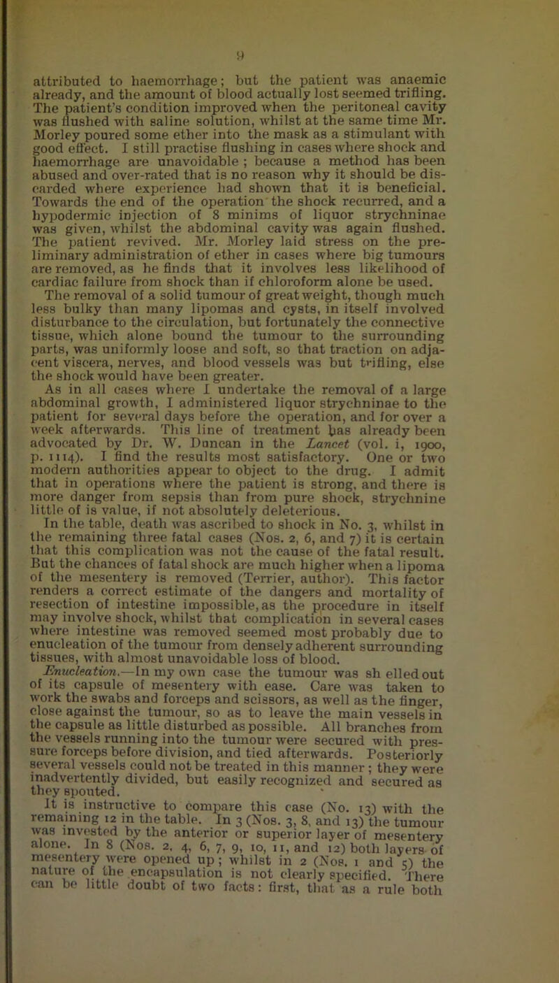 9 attributed to haemorrhage; but the patient was anaemic already, and the amount of blood actually lost seemed trifling. The patient’s condition improved when the peritoneal cavity was flushed with saline solution, whilst at the same time Mr. Morley poured some ether into the mask as a stimulant with good effect. I still practise flushing in cases where shock and haemorrhage are unavoidable ; because a method has been abused and over-rated that is no reason why it should be dis- carded where experience had shown that it is beneficial. Towards the end of the operation the shock recurred, and a hypodermic injection of 8 minims of liquor strychninae was given, whilst the abdominal cavity was again flushed. The patient revived. Mr. Morley laid stress on the pre- liminary administration of ether in cases where big tumours are removed, as he finds that it involves less likelihood of cardiac failure from shock than if chloroform alone be used. The removal of a solid tumour of greatweight, though much less bulky than many lipomas and cysts, in itself involved disturbance to the circulation, but fortunately the connective tissue, which alone bound the tumour to the surrounding parts, was uniformly loose and soft, so that traction on adja- cent viscera, nerves, and blood vessels wa3 but trifling, else the shock would have been greater. As in all cases where I undertake the removal of a large abdominal growth, I administered liquor strychninae to the patient for several days before the operation, and for over a week afterwards. This line of treatment has already been advocated by Dr. W. Duncan in the Lancet (vol. i, 1900, p. 1114). I find the results most satisfactory. One or two modern authorities appear to object to the drug. I admit that in operations where the patient is strong, and there is more danger from sepsis than from pure shock, strychnine little of is value, if not absolutely deleterious. In the table, death was ascribed to shock in No. 3, whilst in the remaining three fatal cases (Nos. 2, 6, and 7) it is certain that this complication was not the cause of the fatal result. But the chances of fatal shock are much higher when a lipoma of the mesentery is removed (Terrier, author). This factor renders a correct estimate of the dangers and mortality of resection of intestine impossible, as the procedure in itself may involve shock, whilst that complication in several cases where intestine was removed seemed most probably due to enucleation of the tumour from densely adherent surrounding tissues, with almost unavoidable loss of blood. Enucleation,—In my own case the tumour was shelled out of its capsule of mesentery with ease. Care was taken to work the swabs and forceps and scissors, as well as the finger, close against the tumour, so as to leave the main vessels in the capsule as little disturbed as possible. All branches from the vessels running into the tumour were secured with pres- sure forceps before division, and tied afterwards. Posteriorly several vessels could not be treated in this manner; they were inadvertently divided, but easily recognized and secured as they spouted. It is instructive to compare this case (No. 13) with the remaining 12 in the table. In 3 (Nos. 3, 8, and 13) the tumour was invested by the anterior or superior layer of mesentery alone. In 8 (Nos. 2. 4, 6, 7, 9, 10, n,and 12) both layers of mesentery were opened up; whilst in 2 (Nos. 1 and c) the nature of the encapsulation is not clearly specified. There can be little doubt of two facts: first, that as a rule both