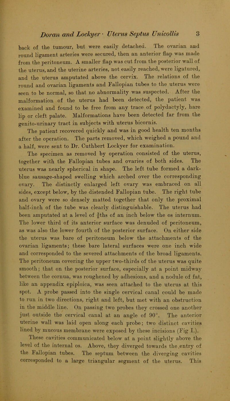 back of the tumour, but were easily detached. The ovarian and round ligament arteries were secured, then an anterior flap was made from the peritoneum. A smaller flap was cut from the posterior wall of the uterus, and the uterine arteries, not easily reached, were ligatured, and the uterus amputated above the cervix. The relations of the round and ovarian ligaments and Fallopian tubes to the uterus were seen to be normal, so that no abnormality was suspected. After the malformation of the uterus had been detected, the patient was examined and found to be free from any trace of polydactyly, hare lip or cleft palate. Malformations have been detected far from the genito-urinary tract in subjects with uterus bicornis. The patient recovered quickly and was in good health ten months after the operation. The parts removed, which weighed a pound and a half, were sent to Dr. Cuthbert Lockyer for examination. The specimen as removed by operation consisted of the uterus, together with the Fallopian tubes and ovaries of both sides. The uterus was nearly spherical in shape. The left tube formed a dark- blue sausage-shaped swelling which arched over the corresponding ovary. The distinctly enlarged left ovary was embraced on all sides, except below, by the distended Fallopian tube. The right tube and ovary were so densely matted together that only the proximal half-inch of the tube was clearly distinguishable. The uterus had been amputated at a. level of fths of an inch below the os internum. The lower third of its anterior surface was denuded of peritoneum, as was also the lower fourth of the posterior surface. On either side the uterus was bare of peritoneum below the attachments of the ovarian ligaments; these bare lateral surfaces were one inch wide and corresponded to the severed attachments of the broad ligaments. The peritoneum covering the upper two-thirds of the uterus was quite smooth; that on the posterior surface, especially at a point midway between the cornua, was roughened by adhesions, and a nodule of fat, like an appendix epiploica, was seen attached to the uterus at this spot. A probe passed into the single cervical canal could be made to run in two directions, right and left, but met with an obstruction in the middle line. On passing two probes they crossed one another just outside the cervical canal at an angle of 90°. The anterior uterine wall was laid open along each probe; two distinct cavities lined by mucous membrane were exposed by these incisions (Fig I.). These cavities communicated below at a point slightly above the level of the internal os. Above, they diverged towards the .entry of the Fallopian tubes. The septum between the diverging cavities corresponded to a large triangular segment of the uterus. This