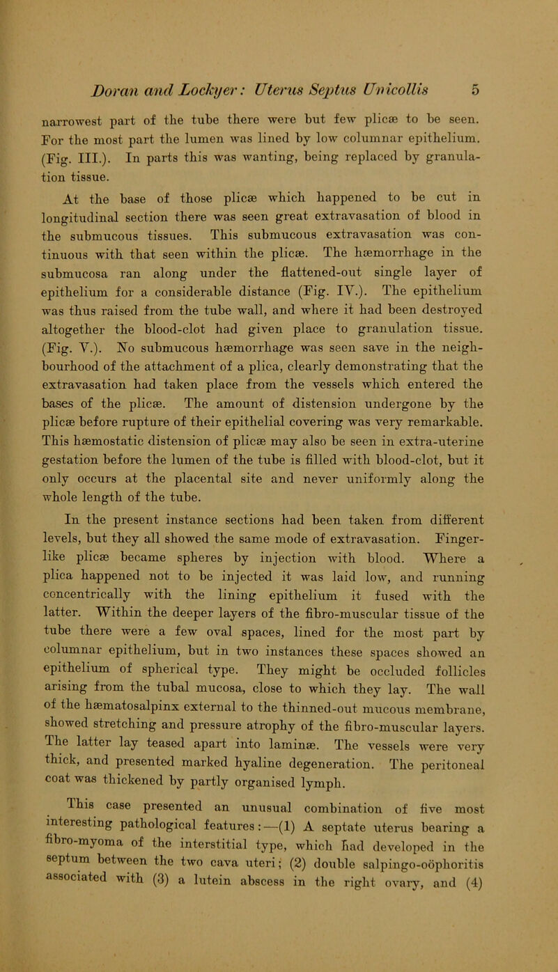 narrowest part of the tube there were but few plicae to be seen. For the most part the lumen was lined by low columnar epithelium. (Fig. III.). In parts this was wanting, being replaced by granula- tion tissue. At the base of those plicae which happened to be cut in longitudinal section there was seen great extravasation of blood in the submucous tissues. This submucous extravasation was con- tinuous with that seen within the plicae. The haemorrhage in the submucosa ran along under the flattened-out single layer of epithelium for a considerable distance (Fig. IV.). The epithelium was thus raised from the tube wall, and where it bad been destroyed altogether the blood-clot bad given place to granulation tissue. (Fig. V.). No submucous haemorrhage was seen save in the neigh- bourhood of the attachment of a plica, clearly demonstrating that the extravasation bad taken place from the vessels which entered the bases of the plicae. The amount of distension undergone by the plicae before rupture of their epithelial covering was very remarkable. This haemostatic distension of plicae may also be seen in extra-uterine gestation before the lumen of the tube is filled with blood-clot, but it only occurs at the placental site and never uniformly along the whole length of the tube. In the present instance sections had been taken from different levels, but they all showed the same mode of extravasation. Finger- like plicag became spheres by injection with blood. Where a plica happened not to be injected it was laid low, and running concentrically with the lining epithelium it fused with the latter. Within the deeper layers of the fibro-muscular tissue of the tube there were a few oval spaces, lined for the most part by columnar epithelium, but in two instances these spaces showed an epithelium of spherical type. They might be occluded follicles arising from the tubal mucosa, close to which they lay. The wall of the hematosalpinx external to the thinned-out mucous membrane, showed stretching and pressure atrophy of the fibro-muscular layers. The latter lay teased apart into laminae. The vessels were very thick, and presented marked hyaline degeneration. The peritoneal coat was thickened by partly organised lymph. I his case presented an unusual combination of five most interesting pathological features:—(1) A septate uterus bearing a fibro myoma of the interstitial type, which had developed in the septum between the two cava uteri; (2) double salpingo-oophoritis associated with (3) a lutein abscess in the right ovary, and (4)