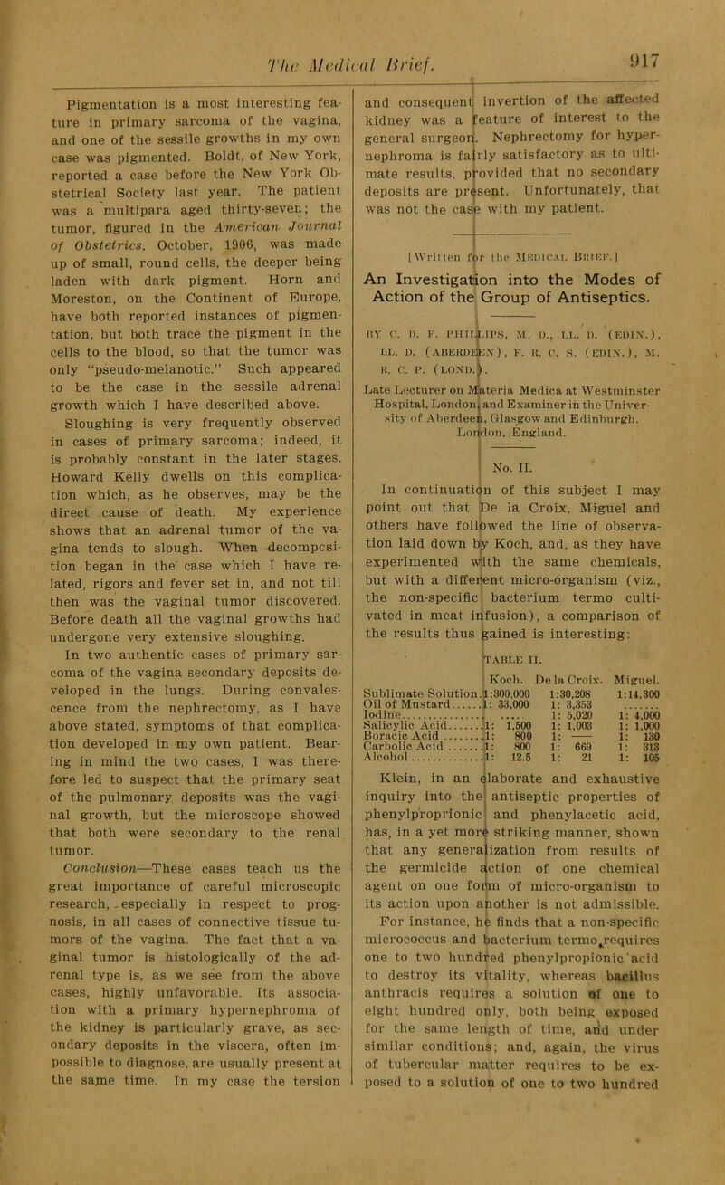 Pigmentation is a most interesting fea- ture in primary sarcoma of tlie vagina, and one of the sessile growths in my own case was pigmented. Boldt, of New York, reported a case before the New York Ob- stetrical Society last year. The patient was a multipara aged thirty-seven; the tumor, figured in the American Journal of Obstetrics. October, 1906, was made up of small, round cells, the deeper being laden with dark pigment. Horn and Moreston, on the Continent of Europe, have both reported instances of pigmen- tation, but both trace the pigment in the cells to the blood, so that the tumor was only “pseudo-melanotic.” Such appeared to be the case in the sessile adrenal growth which I have described above. Sloughing is very frequently observed in cases of primary sarcoma; indeed, it is probably constant in the later stages. Howard Kelly dwells on this complica- tion which, as he observes, may be the direct cause of death. My experience shows that an adrenal tumor of the va- gina tends to slough. When decomposi- tion began in the case which I have re- lated, rigors and fever set in, and not till then was the vaginal tumor discovered. Before death all the vaginal growths had undergone very extensive sloughing. In two authentic cases of primary sar- coma of the vagina secondary deposits de- veloped in the lungs. During convales- cence from the nephrectomy, as I have above stated, symptoms of that complica- tion developed in my own patient. Bear- ing in mind the two cases, I was there- fore led to suspect that the primary seat of the pulmonary deposits was the vagi- nal growth, but the microscope showed that both were secondary to the renal tumor. Conclusion—These cases teach us the great importance of careful microscopic research, .especially in respect to prog- nosis, in all cases of connective tissue tu- mors of the vagina. The fact that a va- ginal tumor is histologically of the ad- renal type is, as we see from the above cases, highly unfavorable. Its associa- tion with a primary hypernephroma of the kidney is particularly grave, as sec- ondary deposits in the viscera, often im- possible to diagnose, are usually present at the sajne time. In my case the tersion and consequent invertion of the affected kidney was a ifeature of interest to the general surgeon. Nephrectomy for hyper- nephroma is fa rly satisfactory as to ulti- mate results, provided that no secondary deposits are present. Unfortunately, that was not the case with my patient. Written for the Medical. Bkibk.I An Investigation into the Modes of Action of the Group of Antiseptics. 1 / 4 RY C. I). F. PHILLIPS, M. 1)., LL. I). (EDiX.)» LL. I). (ABElfKEteN ) , F. It. C. S. (EDIX.) , M. It. C. P. (LOXD.B . Late Lecturer on Materia Medica at Westminster Hospital, London, and Examiner in the Univer- sity of Aberdeen, Glasgow and Edinburgh. London, England. No. II. In continuation of this subject I may point out that De la Croix, Miguel and others have followed the line of observa- tion laid down by Koch, and, as they have experimented with the same chemicals, but with a different micro-organism (viz., the non-specific bacterium termo culti- vated in meat infusion), a comparison of the results thus gained is interesting: F ABLE II. Koch. De la Croix. Sublimate Solution.1:300,000 1:30,208 Oil of Mustard j: 33,000 Iodine Salicylic Acid ,|l: 1,500 BoracicAcid ft: 800 Carbolic Acid 1: 800 Alcohol 1: 12.5 1: 3,353 1: 5,020 1: 1,003 1: I: 669 1: 21 Miguel. 1:14,300 1: 4.000 1: 1,000 1: 130 1: 313 1: 105 Klein, in an elaborate and exhaustive inquiry into the antiseptic properties of phenylp'roprionic and phenylacetic acid, has, in a yet more striking manner, shown that any generalization from results of the germicide Action of one chemical agent on one form of micro-organism to its action upon another is not admissible. For instance, he finds that a non-specific micrococcus and bacterium termo^requires one to two hundred phenylpropionic‘acid to destroy its vitality, whereas bacillus anthracis requires a solution of one to eight hundred only, both being exposed for the same length of time, aiid under similar conditions; and, again, the virus of tubercular matter requires to be ex- posed to a solution of one to two hundred