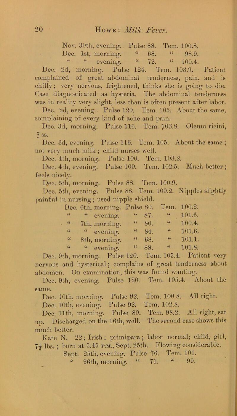 Nov. 30th, evening. Pnlse 88. Tem. 100.8. Dec. 1st, morning. “ 68. “ 98.9. k‘ “ evening. “ 72. “ 100.4. Dec. 2d, morning. Pulse 124. Tem. 108.9. Patient complained of great abdominal tenderness, pain, and is chilly; very nervous, frightened, thinks she is going to die. Case diagnosticated as hysteria. The abdominal tenderness was in reality very slight, less than is often present after labor. Dec. 2d, evening. Pulse 120. Tem. 105. About the same, complaining of every kind of ache and pain. Dec. 3d, morning. Pulse 116. Tem. }L03.8. Oleum ricini, S ss. Dec. 3d, evening. Pulse 1L6. Tem. 105. About the same ; not very much milk; child nurses well. Dec. 4th, morning. Pulse 100. Tem. 103.2. Dec. 4th, evening. Pulse 100. Tem. 102.5. Much better ; feels nicely. Dec. 5th, morning. Pulse 88. Tem. 100.9. Dec. 5th, evening. Pnlse 88. Tem. 100.2. Nipples slightly painful in nursing; used nipple shield. Dec. 6th, morning. Pulse 80. Tem. 100.2. J Cj “ evening. 7th, morning. “ eveninor. <_7 8th, morning. 87. “ 101.6. 80. “ 100.4. 84. “ 101.6. 68. “ 101.1. 88. “ 101.8. Tem. 105.4. Patient very “ evening. Dec. 9th, morning. Pulse 120. Tem. 105.4. nervous and hysterical; complains of great tenderness about abdomen. On examination, this was found wanting. Dec. 9th, evening. Pulse 120. Tem. 105.4. About the same. Dec. 10th, morning. Pulse 92. Dec. 10th, evening. Pulse 92. Dec. 11 th. morning. Pulse 80. up. Discharged on the 1.6th, well, much better. Kate N. 22 ; Irish ; primipara 7i lbs, Tem. 100.8. All right. Tem. 102.8. Tem. 98.2. All right, sat The second case shows this ; labor normal; child, girl, born at 5.45 p.m., Sept. 25th. Flowing considerable. Sept. 25th, evening. Pulse 76. Tem. 101. 26th, morning. 71. 99.