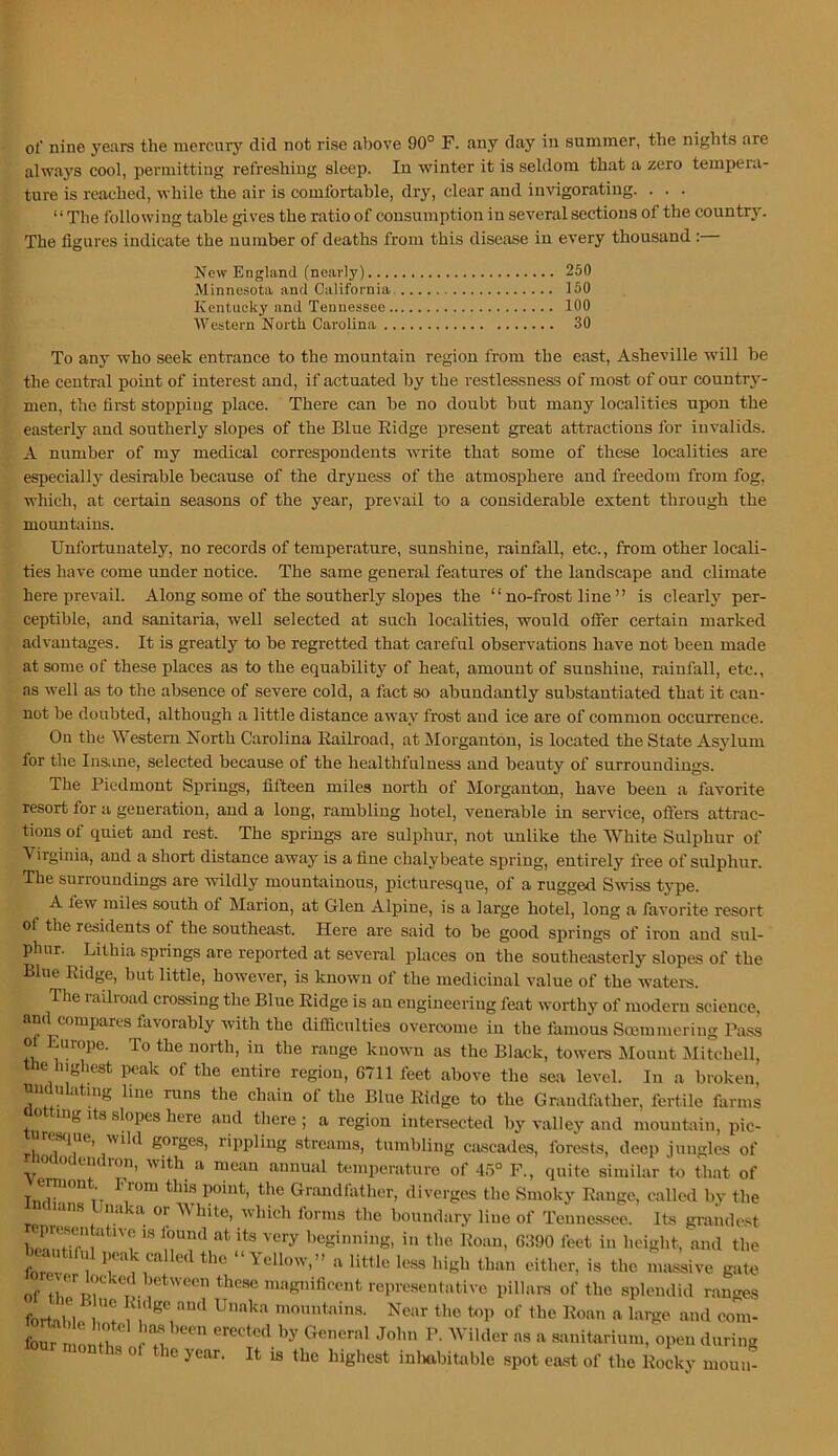 of nine years the mercury did not rise above 90° F. any day in summer, the nights are always cool, permitting refreshing sleep. In winter it is seldom that a zero tempera- ture is reached, while the air is comfortable, dry, clear and invigorating. . . . ‘ ‘ The following table gives the ratio of consumption in several sections of the country'. The figures indicate the number of deaths from this disease in every thousand: New England (nearly) 250 Minnesota and California 150 Kentucky and Tennessee 100 Western North Carolina 30 To any who seek entrance to the mountain region from the east, Asheville will be the central point of interest and, if actuated by the restlessness of most of our country- men, the first stoppiug place. There can be no doubt but many localities upon the easterly and southerly slopes of the Blue Eidge present great attractions for invalids. A number of my medical correspondents write that some of these localities are especially desirable because of the dryness of the atmosphere and freedom from fog, which, at certain seasons of the year, prevail to a considerable extent through the mountains. Unfortunately, no records of temperature, sunshine, rainfall, etc., from other locali- ties have come under notice. The same general features of the landscape and climate here prevail. Along some of the southerly slopes the “ no-frost line ” is clearly per- ceptible, and sanitaria, well selected at such localities, would offer certain marked advantages. It is greatly to be regretted that careful observations have not been made at some of these places as to the equability of heat, amount of sunshine, rainfall, etc., as well as to the absence of severe cold, a fact so abundantly substantiated that it can- not be doubted, although a little distance away frost and ice are of common occurrence. On the Western North Carolina Railroad, at Morganton, is located the State Asylum for the Insiine, selected because of the healthfulness and beauty of surroundings. The Piedmont Springs, fifteen miles north of Morganton, have been a favorite resort for a generation, and a long, rambling hotel, venerable in service, offers attrac- tions ot quiet and rest. The springs are sulphur, not unlike the White Sulphur of ^ irginia, and a short distance away is a fine chalybeate spring, entirely free of sulphur. The surroundings are wildly mountainous, picturesque, of a rugged Swiss type. A few miles south of Marion, at Glen Alpine, is a large hotel, long a favorite resort of the residents of the southeast. Here are said to be good springs of iron and sul- phur. Lithia springs are reported at several places on the southeasterly slopes of the Blue Ridge, but little, however, is known of the medicinal value of the watei-s. The railroad crossing the Blue Ridge is an eugiueeriug feat worthy of modern science, and compares favorably with the difficulties overcome in the famous Soemmeriug Pa.ss o Europe. To the north, in the range known as the Black, towers Mount Jlitchell, the highest peak of the entire region, 6711 feet above the sea level. In a broken huduUitmg line runs the chain of the Blue Ridge to the Grandfather, fertile farms mg it.'j slopes here and there ; a region intersected by valley and mountain, pic- rh gorges, rippling streams, tumbling cascades, forests, deep jungles of ococleiulron, with a mean annual temperature of 45° F., quite similar to that of emon From this point, the Grandfather, diverges the Smoky Range, called by the lans Unaka or White, which forms the boundary line of Tennes.sce. Its grandest epresentative is found at its very beginning, in tlie Roan, 6390 feet in height, and the Wiful peak called the “Yellow,” a little less high than either, is the massive gate of niagnificent representative pillara of the splendid ranges forffihle tl'e top of the Roan a large and com- year. It is the highest inliabitable spot cast of the Rocky moil 11-