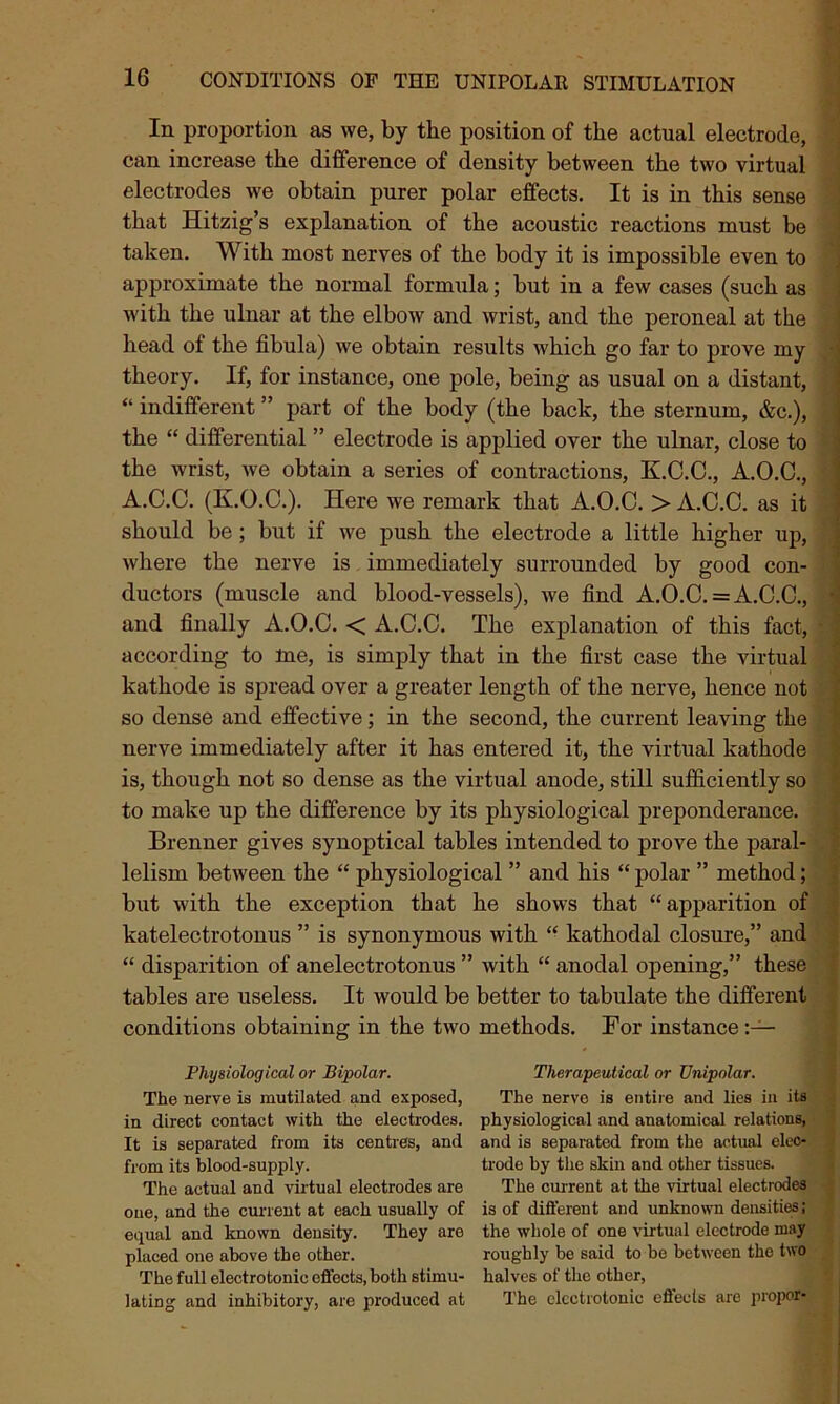 In proportion as we, by the position of the actual electrode, can increase the difference of density between the two virtual electrodes we obtain purer polar effects. It is in this sense that Hitzig’s explanation of the acoustic reactions must be taken. With most nerves of the body it is impossible even to approximate the normal formula; but in a few cases (such as with the ulnar at the elbow and wrist, and the peroneal at the head of the fibula) we obtain results which go far to prove my theory. If, for instance, one pole, being as usual on a distant, “ indifferent ” part of the body (the back, the sternum, &c.), the “ differential ” electrode is applied over the ulnar, close to the wrist, we obtain a series of contractions, K.C.C., A.O.C., A.C.C. (K.O.C.). Here we remark that A.O.C. > A.C.C. as it should be ; but if we push the electrode a little higher up, where the nerve is immediately surrounded by good con- ductors (muscle and blood-vessels), we find A.O.C. = A.C.C., and finally A.O.C. < A.C.C. The explanation of this fact, according to me, is simply that in the first case the virtual kathode is spread over a greater length of the nerve, hence not so dense and effective ; in the second, the current leaving the nerve immediately after it has entered it, the virtual kathode is, though not so dense as the virtual anode, still sufficiently so to make up the difference by its physiological preponderance. Brenner gives synoptical tables intended to prove the paral- lelism between the “ physiological ” and his “ polar ” method; but with the exception that he shows that “apparition of katelectrotonus ” is synonymous with “ kathodal closure,” and “ disparition of anelectrotonus ” with “ anodal opening,” these tables are useless. It would be better to tabulate the different conditions obtaining in the two methods. For instance Physiological or Bipolar. Therapeutical or Unipolar. The nerve is mutilated and exposed, The nerve is entire and lies in its in direct contact with the electrodes, physiological and anatomical relations, It is separated from its centres, and and is separated from the actual elec- from its blood-supply. trode by the skin and other tissues. The actual and virtual electrodes are The current at the virtual electrodes one, and the current at each usually of is of different and unknown densities; equal and known density. They are the whole of one virtual electrode may placed one above the other. roughly be said to be between the two The full electrotonic effects, both stimu- halves of the other, lating and inhibitory, are produced at The clcctrotonic eflects are propor-