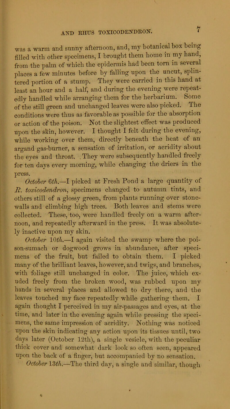 was a warm and sunny afternoon, and, my botanical box being tilled with other specimens, I brought them borne in my band, from tbe palm of wbicb tbe epidermis bad been torn in several places a few minutes before by tailing upon tbe uncut, splin- tered portion of a stump. Tliey were carried in this band at least an hour and a half, and during tbe evening were repeat- edly bandied while arranging them for tbe herbarium. Some of the still green and unchanged leaves were also picked. Tbe conditions were thus as favorable as possible for tbe absorption or action of tbe poison. Not tbe slightest effect was produced upon the skin, however. I thought I felt during tbe evening, while working over them, directly beneath tbe beat of an argand gas-burner, a sensation of irritation, or acridity about tbe eyes and throat. They were subsequently bandied freely for ten days every morning, while changing tbe driers in tbe press. October 3th—1 picked at Fresh Pond a large quantity of H. toxicodendron, specimens changed to autumn tints, and others still of a glossy green, from plants running over stone- walls and climbing high trees. Both leaves and stems were collected. These, too, were handled freely on a warm after- noon, and repeatedly afterward in tbe press. It was absolute- ly inactive upon my skin. October 13th.—I again visited tbe swamp where tbe poi- son-sumach or dogwood grows in abundance, after speci- mens of tbe fruit, but failed to obtain them. I picked many of tbe brilliant leaves, however, and twigs, and branches, with foliage still unchanged in color. Tbe juice, wbicb ex- uded freely from tbe broken wood, was rubbed upon my bands in several places and allowed to dry there, and tbe leaves touched my face repeatedly while gathering them. I again thought I perceived in my air-passages and eyes, at tbe time, and later in tbe evening again while pressing tbe speci- mens, tbe same impression of acridity. Nothing was noticed upon tbe skin indicating any action upon its tissues until, two clays later (October 12th), a single vesicle, with tbe peculiar thick cover and somewhat dark look so often seen, appeared upon the back of a linger, but accompanied by no sensation. October 12>th.—Tbe third day, a single and similar, though