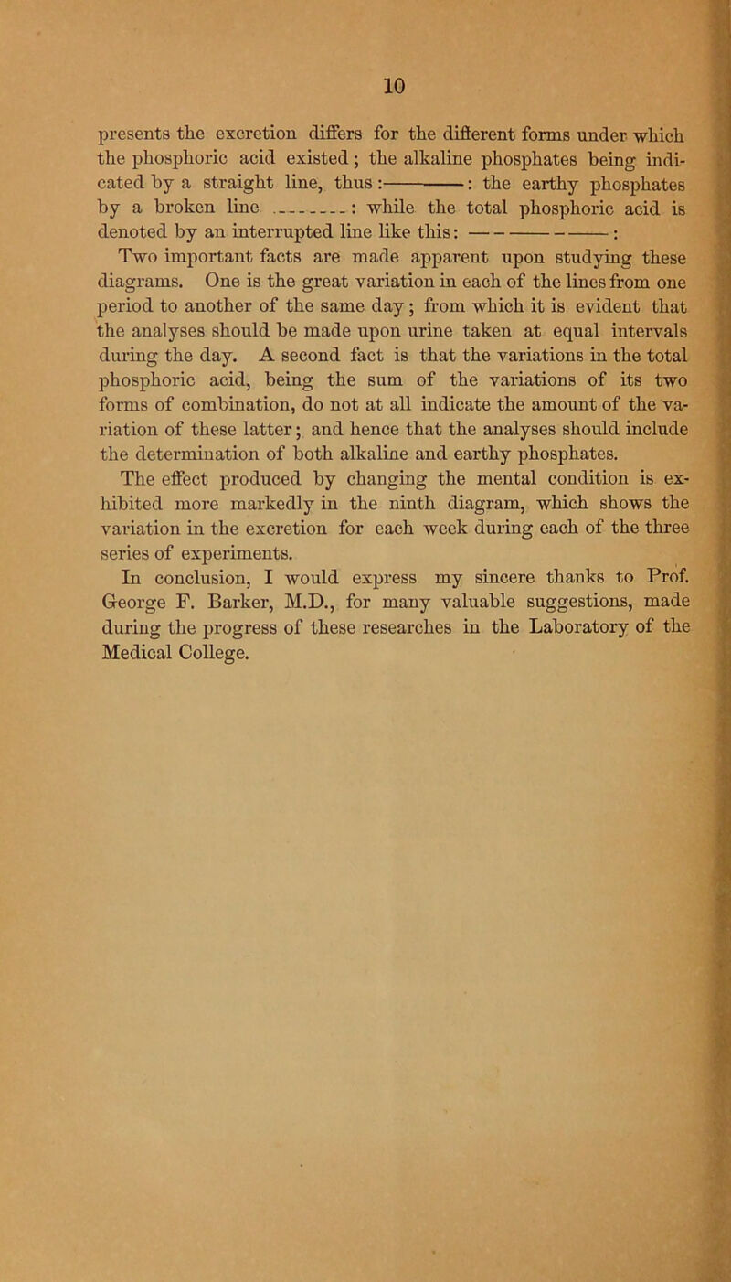 presents the excretion differs for the different forms under which the phosphoric acid existed; the alkaline phosphates being indi- cated by a straight line, thus : : the earthy phosphates by a broken line : while the total phosphoric acid is denoted by an interrupted line like this: : Two important facts are made apparent upon studying these diagrams. One is the great variation in each of the lines from one period to another of the same day; from which it is evident that the analyses should be made upon urine taken at equal intervals during the day. A second fact is that the variations in the total phosphoric acid, being the sum of the variations of its two forms of combination, do not at all indicate the amount of the va- riation of these latter; and hence that the analyses should include the determination of both alkaline and earthy phosphates. The effect produced by changing the mental condition is ex- hibited more markedly in the ninth diagram, which shows the variation in the excretion for each week during each of the three series of experiments. In conclusion, I would express my sincere thanks to Prof. George F. Barker, M.D., for many valuable suggestions, made during the progress of these researches in the Laboratory of the Medical College.