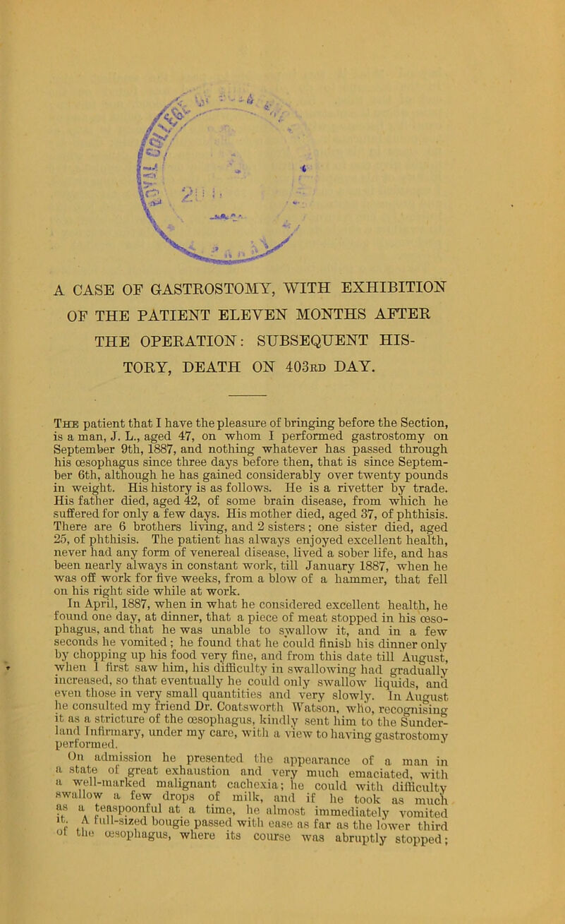 A CASE OF GASTROSTOMY, WITH EXHIBITION OF THE PATIENT ELEVEN MONTHS AFTER THE OPERATION: SUBSEQUENT HIS- TORY, DEATH ON 403rd DAY. The patient that I have the pleasure of bringing before the Section, is a man, J. L., aged 47, on whom I performed gastrostomy on September 9th, 1887, and nothing whatever has passed through his oesophagus since three days before then, that is since Septem- ber 6th, although he has gained considerably over twenty pounds in weight. His history is as follows. He is a rivetter by trade. His father died, aged 42, of some brain disease, from which he suffered for only a few days. His mother died, aged 37, of phthisis. There are 6 brothers living, and 2 sisters; one sister died, aged 25, of phthisis. The patient has always enjoyed excellent health, never had any form of venereal disease, lived a sober life, and has been nearly always in constant work, till January 1887, when he was off work for five weeks, from a blow of a hammer, that fell on his right side while at work. In April, 1887, when in what he considered excellent health, he found one day, at dinner, that a piece of meat stopped in his oeso- phagus, and that he was imable to swallow it, and in a few seconds he vomited; he found that he could finish his dinner only by chopping up his food very fine, and from this date till August, when 1 first saw him, his difficulty in swallowing had gradually increased, so that eventually he could only swallow liquids, and even those in very small quantities and very slowly. In August he consulted my friend Dr. Coatsworth Watson, who, recognising It as a stricture of the oesophagus, kindly sent him to the Sunder- land Infinnary, under my care, with a view to having gastrostomy performed. •’ On admi,ssion he presented the appearance of a man in a state of great exhaustion and very much emaciated, with a well-marked malignant cachexia; he could with difficulty swallow a few drops of milk, and if he took as much as a teaspoonful at a tune, he ahno.st immediately vomited It. A hill-sized bougie passed with ease as far as the lower third