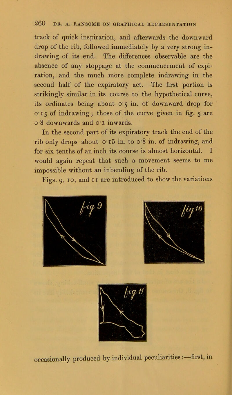 track of quick inspiration, and afterwards the downward drop of the rib, followed immediately by a very strong in- drawing of its end. The differences observable are the absence of any stoppage at the commencement of expi- ration, and the much more complete indrawing in the second half of the expiratory act. The first portion is strikingly similar in its course to the hypothetical curve, its ordinates being about 0'5 in. of downward drop for o-15 of indrawing; those of the curve given in fig. 5 are 0'8 downwards and 0'2 inwards. In the second part of its expiratory track the end of the rib only drops about 0'i5 in. to 0'8 in. of indrawing, and for six tenths of an inch its course is almost horizontal. I would again repeat that such a movement seems to me impossible without an inbending of the rib. Figs. 9, 10, and 11 are introduced to show the variations occasionally produced by individual peculiarities :—first, in