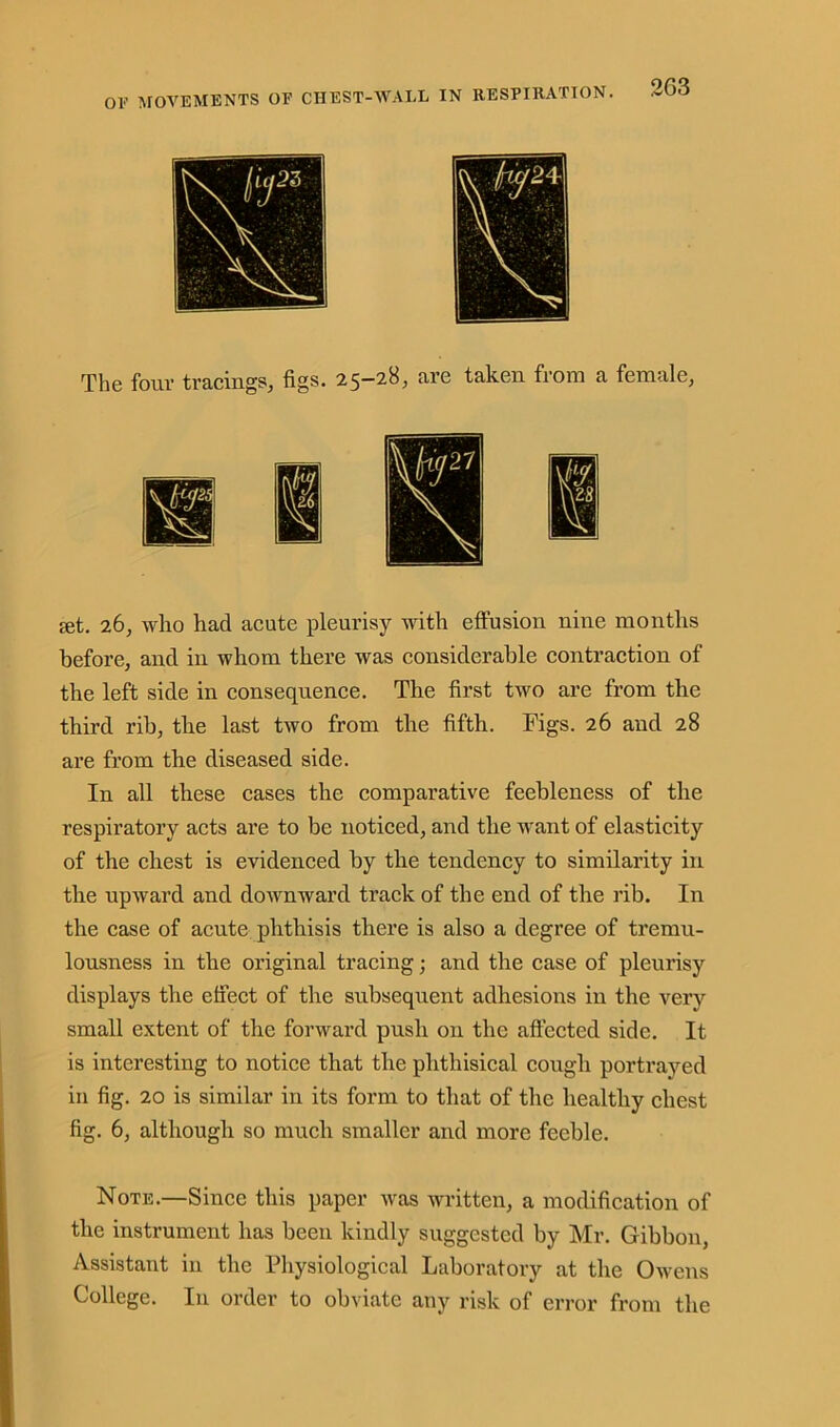 The four tracings, figs. 2 5—28, are taken from a female, tet. 26, who had acute pleurisy with effusion nine months before, and in whom there was considerable contraction of the left side in consequence. The first two are from the third rib, the last two from the fifth. Figs. 26 and 28 are from the diseased side. In all these cases the comparative feebleness of the respiratory acts are to be noticed, and the want of elasticity of the chest is evidenced by the tendency to similarity in the upward and downward track of the end of the rib. In the case of acute phthisis there is also a degree of tremu- lousness in the original tracing; and the case of pleurisy displays the effect of the subsequent adhesions in the very small extent of the forward push on the affected side. It is interesting to notice that the phthisical cough portrayed in fig. 20 is similar in its form to that of the healthy chest fig. 6, although so much smaller and more feeble. Note.—Since this paper wras written, a modification of the instrument has been kindly suggested by Mr. Gibbon, Assistant in the Physiological Laboratory at the Owens College. In order to obviate any risk of error from the