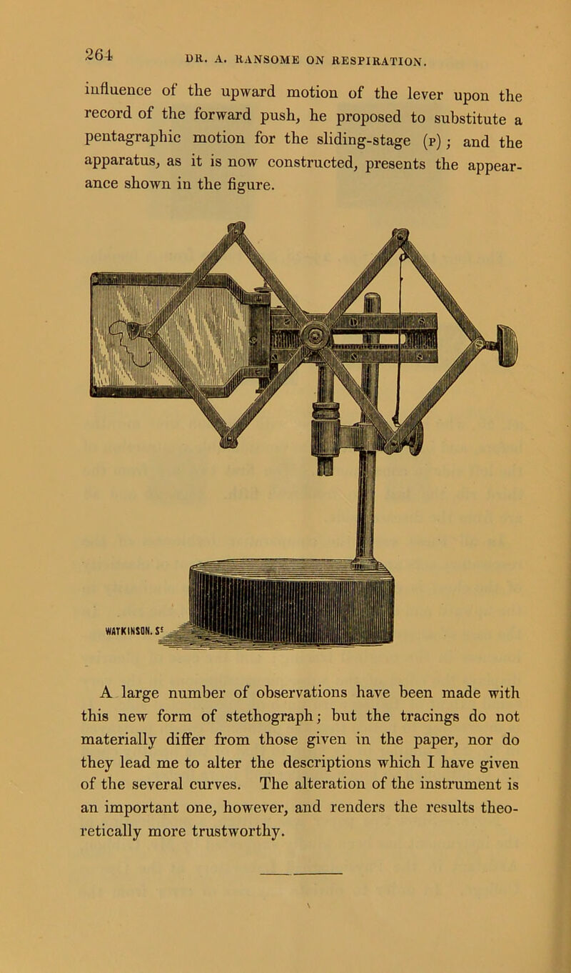 DR. A. RANSOME ON RESPIRATION. iufluence of the upward motion of the lever upon the record of the forward push, he proposed to substitute a pentagraphic motion for the sliding-stage (p); and the apparatus, as it is now constructed, presents the appear- ance shown in the figure. A large number of observations have been made with this new form of stethograph; but the tracings do not materially differ from those given in the paper, nor do they lead me to alter the descriptions which I have given of the several curves. The alteration of the instrument is an important one, however, and renders the results theo- retically more trustworthy.