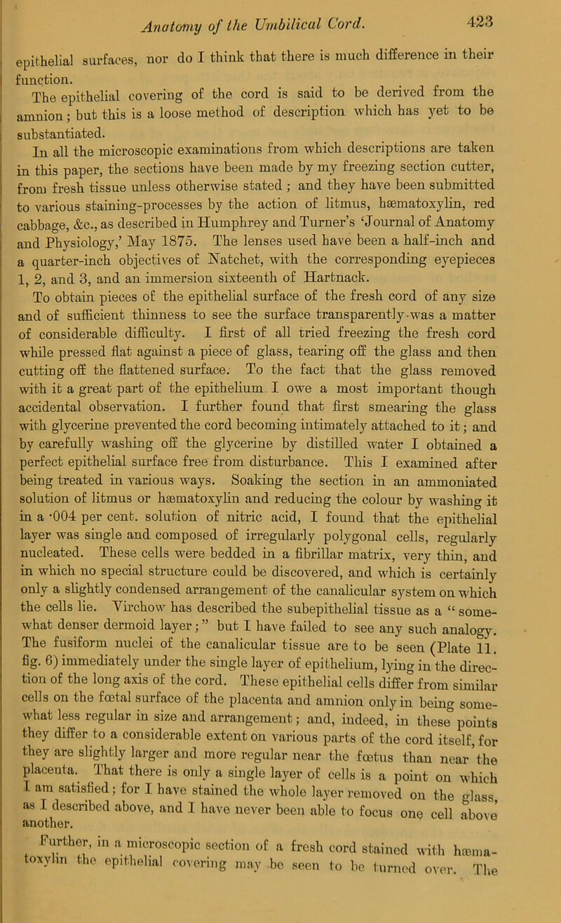 epithelial surfaces, nor do I think that there is much difference in their function. The epithelial covering of the cord is said to be derived from the amnion ; but this is a loose method of description which has yet to be substantiated. In all the microscopic examinations from which descriptions are taken in this paper, the sections have been made by my freezing section cutter, from fresh tissue unless otherwise stated ; and they have been submitted to various staining-processes by the action of litmus, hsematoxylin, red cabbage, &c., as described in Humphrey and Turner’s ‘Journal of Anatomy and Physiology,’ May 1875. The lenses used have been a half-inch and a quarter-inch objectives of Natchet, with the corresponding eyepieces 1, 2, and 3, and an immersion sixteenth of ITartnack. To obtain pieces of the epithelial surface of the fresh cord of any size and of sufficient thinness to see the surface transparently-was a matter of considerable difficulty. I first of all tried freezing the fresh cord while pressed flat against a piece of glass, tearing off the glass and then cutting off the flattened surface. To the fact that the glass removed with it a great part of the epithelium I owe a most important though accidental observation. I further found that first smearing the glass with glycerine prevented the cord becoming intimately attached to it; and by carefully washing off the glycerine by distilled water I obtained a perfect epithelial surface free from disturbance. This I examined after being treated in various ways. Soaking the section in an ammoniated solution of litmus or hsematoxylin and reducing the colour by washing it in a -004 per cent, solution of nitric acid, I found that the epithelial layer was single and composed of irregularly polygonal cells, regularly nucleated. These cells were bedded in a fibrillar matrix, very thin, and in which no special structure could be discovered, and which is certainly only a slightly condensed arrangement of the canalicular system on which the cells lie. Virchow has described the subepithelial tissue as a “ some- what denser dermoid layer; ” but I have failed to see any such analogy. The fusiform nuclei of the canalicular tissue are to be seen (Plate 11. fig. 6) immediately under the single layer of epithelium, lying in the direc- tion of the long axis of the cord. These epithelial cells differ from similar cells on the foetal surface of the placenta and amnion, only in being some- what less regular in size and arrangement; and, indeed, in these points they differ to a considerable extent on various parts of the cord itself, for they are slightly larger and more regular near the foetus than near’the placenta. That there is only a single layer of cells is a point on which I am satisfied; for I have stained the whole layer removed on the glass as I described above, and I have never been able to focus one cell above' another. Further, in a microscopic section of a fresh cord stained with htema- toxylin the epithelial covering may he seen to be turned over. The