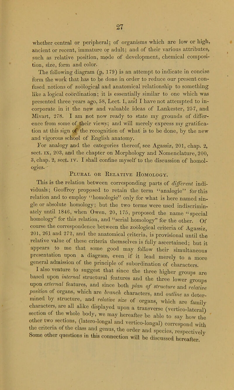 whether central or peripheral; of organisms which are low or high, ancient or recent, immature or adult; and of their various attributes, such as relative position, mode of development, chemical composi- tion, size, form and color. The following diagram (p. 179) is an attempt to indicate in concise form the work that has to be done in order to reduce our present con- fused notions of zoological and anatomical relationship to something like a logical coordination; it is essentially similar to one which was presented three years ago, 58, Lect. 1, and I have not attempted to in- corporate in it the new and valuable ideas of Lankester, 257, and Mivart, 278. I am not now ready to state my grounds of differ- ence from some of their views; and will merely express my gratifica- tion at this sign of the recognition of what is to be done, by the new and vigorous school of English anatomy. For analogy and the categories thereof, see Agassiz, 201, chap. 2, sect. IX, 203, and the chapter on Morphology and Nomenclature, 200, 3, chap. 2, sect. iv. I shall confine myself to the discussion of homol- ogies. ■ Plural or Relative Homology. This is the relation between corresponding parts of different indi- viduals; Geoffroy proposed to retain the term “analogie” for this relation and to employ “homologie” only for what is here named sin- gle or absolute homology; but the two terms were used indiscrimin- ately until 1846, when Owen, 20, 175, proposed the name “special homology” for this relation, and “serial homology” for the other. Of course the correspondence between the zoological criteria of Ao-assiz, 201, 261 and 272, and the anatomical criteria, is provisional until the relative value of these criteria themselves is fully ascertained; but it appears to me that some good may follow their simultaneous presentation upon a diagram, even. if it lead merely to a more general admission of the principle of subordination of charactere. I also venture to suggest that since the three higher groups are based upon internal structural features and the three lower groups upon external features, and since both plan of structure and relative position of organs, which are branch characters, and outline as deter mmed by structure, and relative size of organs, which are family characters, are all alike displayed upon a transvei-se (vertico-lateran section of the whole body, we may hereafter be able to say how the other two sections, (latero-longal and vcrtico-longal) correspond with the criteria of the class and genus, the order and species, respectively Some other questions in this connection will be discussed hereafter.