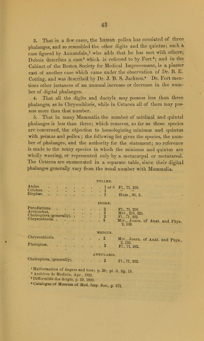 3. That in a few cases, the human pollex has consisted of three phalanges, and so resembled the other digits and the quintusj such a case figured by Annandale,^ who adds that he has met with others; Dubois describes a case^ which is referred to by Fort®; and in the Cabinet of the Boston Society for Medical Improvement, is a plaster cast of another case which came under the observation of Dr. B. E. Dotting, and was described by Dr. J. B. S. Jackson.* Dr. Fort men- tions other instances of an unusual Increase or decrease in the num- ber of digital phalanges. 4. That all the digits and dactyls may possess less than three phalanges, as in Chrysochloris, while in Cetacea all of them may pos- sess more than that number. 5. That in many Mammalia the number of minimal and quintal phalanges is less than three; which removes, so far as those species are concerned, the objection to homologizing minimus and quintus with primus and pollex; the following list gives the species, the num- ber of phalanges, and the authoiuty for the statement; no reference is made to the many species in which the minimus and quintus are wholly wanting, or represented only by a metacarpal or metatarsal. The Cetecea are enumerated in a separate table, since their digital phalanges generally vary from the usual number with Mammalia. Ateles. Colobus. Elephas. Perodicticua Arotocebus, . . . ] Cheiroptera (eenerally). . Chryaochloris. . . . . Chryaochloris. Pteropinse. Cheiroptera, (generaily). POLLEX. . lorO Fi., 71, 258. .1 « <. . 1 Hum., 36, 5. Fl„ 71. 258. Miv., 276, 325. FI., 71,262. Miv., Journ. of Anat. and Pliys. 2, 133. ^ MEDIUS. , 2 Miy., Journ. of Anat. and Phys.. 2,133. •’ ’ • 2 FI., 71, 262. ANNULARIS. • 2 FI., 71, 262. INDEX. . 2 . 2 . 2 . 2 iJlalforraaUon of fingers and toes; p. 29; pi. ii, fig. ig. ’ Archives de Medioin, Apr., 1826. ’ Dilformitds des doigts, p. 69, 1869. * Catalogue of Museum of Med. Imp. Soc., p; 871.