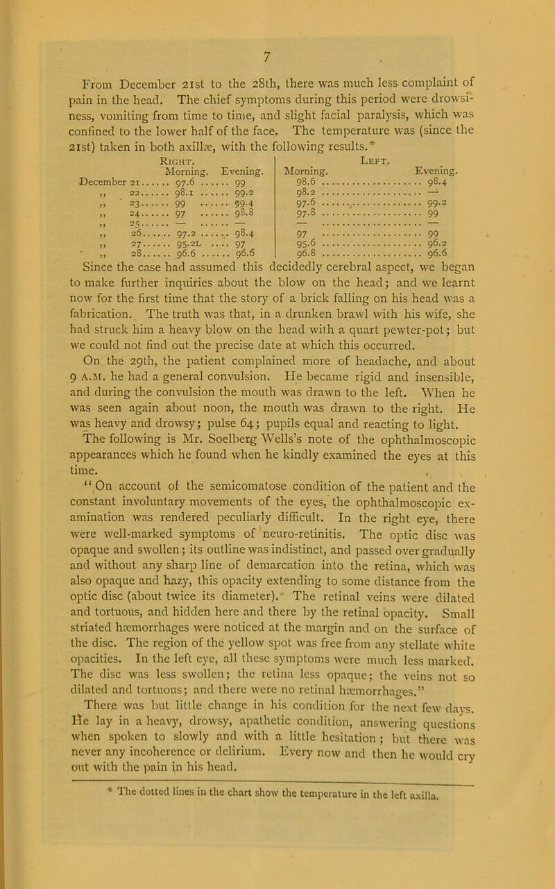 From December 21st to the 28th, there was much less complaint of pain in the head. The chief symptoms during this period were drowsi- ness, vomiting from time to time, and slight facial paralysis, which was confined to the lower half of the face. The temperature was (since the 21st) taken in both axillre, with the following results.* Right. Morning. Evening. ember 21.. . • • 97-6 99 11 22.. . 99.2 23.... •• 99 99.4 >) 24.... •• 97 98.8 n 25... — >» 26. . . .. 97.2 ....... 98.4 27... .. 95.2L .... 97 » 28... .. 96.6 96.6 Morning. 98.6 .. 98.2 .. 97.6 .. 97.8 .. Left. Evening. , .. 98.4 97 95.6 96.8 99.2 99 99 96.2 96.6 Since the case had assumed this decidedly cerebral aspect, we began to make further inquiries about the blow on the head; and we learnt now for the first time that the story of a brick falling on his head was a fabrication. The truth was that, in a drunken brawl with his wife, she had struck him a heavy blow on the head with a quart pewter-pot; but we could not find out the precise date at which this occurred. On the 29th, the patient complained more of headache, and about 9 A.M. he had a general convulsion. He became rigid and insensible, and during the convulsion the mouth was drawn to the left. When he was seen again about noon, the mouth was drawn to the right. He was heavy and drowsy; pulse 64; pupils equal and reacting to light. The following is Mr. Soelberg Wells’s note of the ophthalmoscopic appearances which he found when he kindly examined the eyes at this time. “ On account of the semicomatose condition of the patient and the constant involuntary movements of the eyes, the ophthalmoscopic ex- amination was rendered peculiarly difficult. In the right eye, there were well-marked symptoms of neuro-retinitis. The optic disc was opaque and swollen; its outline was indistinct, and passed over gradually and without any sharp line of demarcation into the retina, which was also opaque and hazy, this opacity extending to some distance from the optic disc (about twice its diameter). The retinal veins were dilated and tortuous, and hidden here and there by the retinal opacity. Small striated hemorrhages were noticed at the margin and on the surface of the disc. The region of the yellow spot was free from any stellate white opacities. In the left eye, all these symptoms were much less marked. The disc was less swollen; the retina less opaque; the veins not so dilated and tortuous; and there were no retinal hemorrhages.” There was but little change in his condition for the next few days. He lay in a heavy, drowsy, apathetic condition, answering questions when spoken to slowly and with a little hesitation ; but there was never any incoherence or delirium. Every now and then he would cry out with the pain in his head. * The dotted lines in the chart show the temperature in the left axilla.