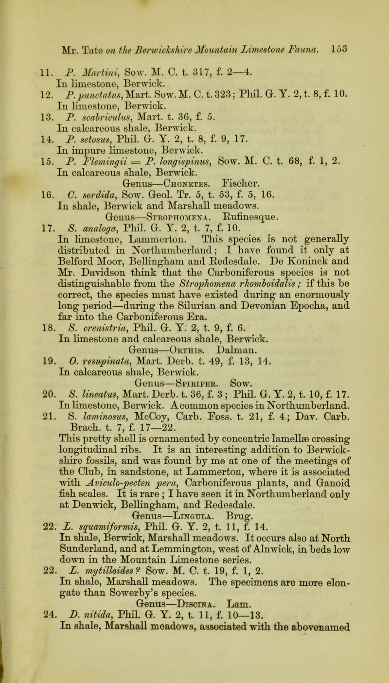 11. P. Martini, Sow. M. C. t. 317, f. 2—4. In limestone, Berwick. 12. P.punctatus, Mart. Sow. M. C. t. 323; Pliil. G. Y. 2,t. 8, f. 10. In limestone, Berwick. 13. P. scabriculus, Mart. t. 36, f. 5. In calcareous shale, Berwick. 14. P. setosus, Phil. G. Y. 2, t. 8, f. 9, 17. In impure limestone, Berwick. 15. P. Flemingii = P. longispinus, Sow. M. C. t. 68, f. 1, 2. In calcareous shale, Berwick. Genus—Chonetes. Fischer. 16. C. sordida, Sow. Geol. Tr. 5, t. 53, f. 5, 16. In shale, Berwick and Marshall meadows. Genus—Strophomena. Bufinesque. 17. S. analoga, Phil. G. Y. 2, t. 7, f. 10. In limestone, Lammerton. This species is not generally distributed in Northumberland; I have found it only at Belford Moor, Bellingham and Bedesdale. De Koninck and Mb’. Davidson think that the Carboniferous species is not distinguishable from the Strophomena rhomboidalis; if this be correct, the species must have existed during an enormously long period—during the Silurian and Devonian Epocha, and far into the Carboniferous Era. 18. S. crenistria, Phil. G. Y. 2, t. 9, f. 6. In limestone and calcareous shale, Berwick. Genus—Orthis. Dalman. 19. 0. resupinata, Mart. Derb. t. 49, f. 13, 14. In calcareous shale, Berwick. Genus—Spirieer. Sow. 20. S. lineatus, Mart. Derb. t. 36, f. 3 ; Phil. G. Y. 2, t. 10, f. 17. In limestone, Berwick. A common species in Northumberland. 21. S. laminosus, McCoy, Carb. Foss. t. 21, f. 4; Dav. Carb. Brach. t. 7, f. 17—22. This pretty shell is ornamented by concentric lamellae crossing longitudinal ribs. It is an interesting addition to Berwick- shire fossils, and was found by me at one of the meetings of the Club, in sandstone, at Lammerton, where it is associated with Aviculo-pecten pera, Carboniferous plants, and Ganoid fish scales. It is rare ; I have seen it in Northumberland only at Denwick, Bellingham, and Pedesdale. Genus—Lingula. Brug. 22. L. squamiformis, Phil. G. Y. 2, t. 11, f. 14. In shale, Berwick, Marshall meadows. It occurs also at North Sunderland, and at Lemmington, west of Alnwick, in beds low down in the Mountain Limestone series. 22. L. mytilbides? Sow. M. C. t. 19, f. 1, 2. In shale, Marshall meadows. The specimens are more elon- gate than Sowerby’s species. Genus—Discina. Lam. 24. JD. nitida, Phil. G. Y. 2, t. 11, f. 10—13. In shale, Marshall meadows, associated with the abovenamed