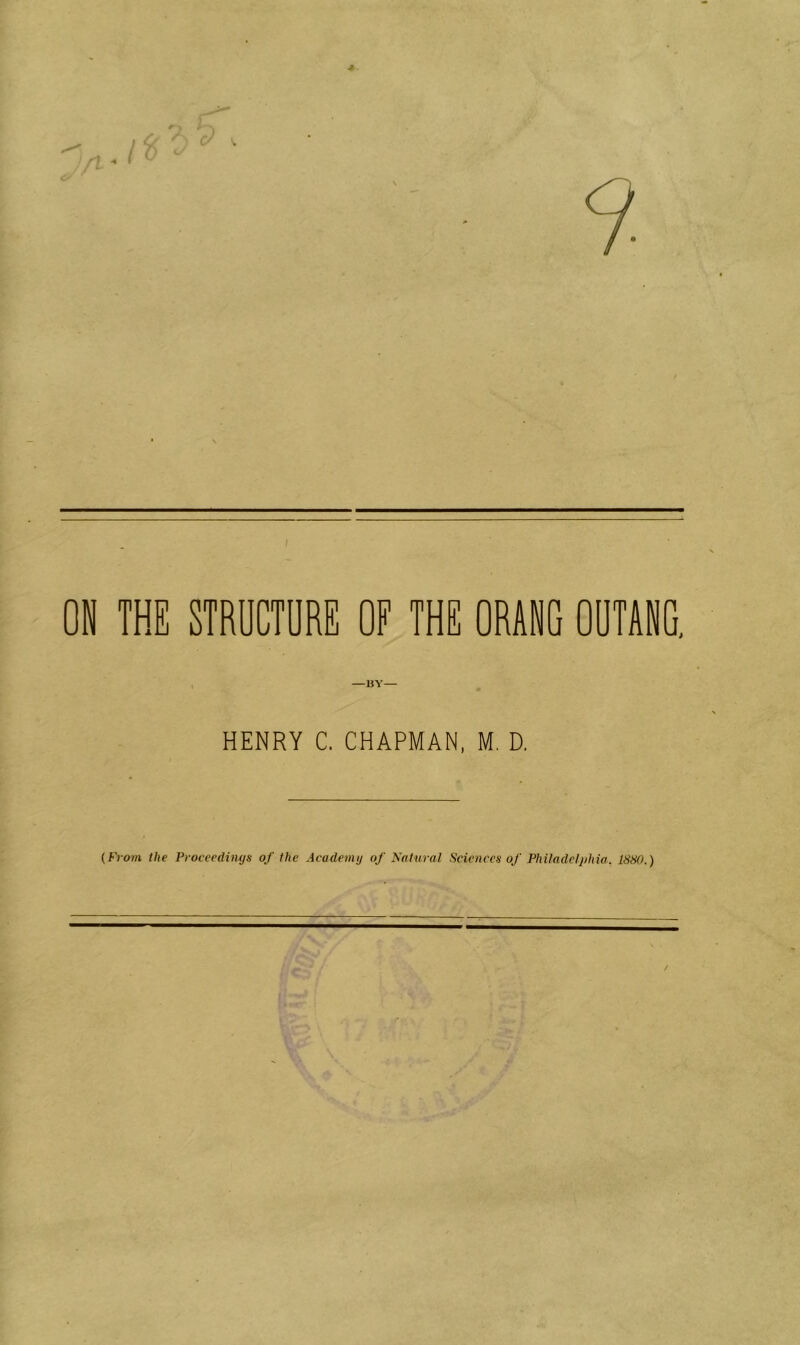 ON THE STRUCTURE OF THE ORANG OUTANG, —BY— HENRY C. CHAPMAN, M. D. (From the Proceedings of the Academy of Natural Sciences of Philadelphia. 1880.)