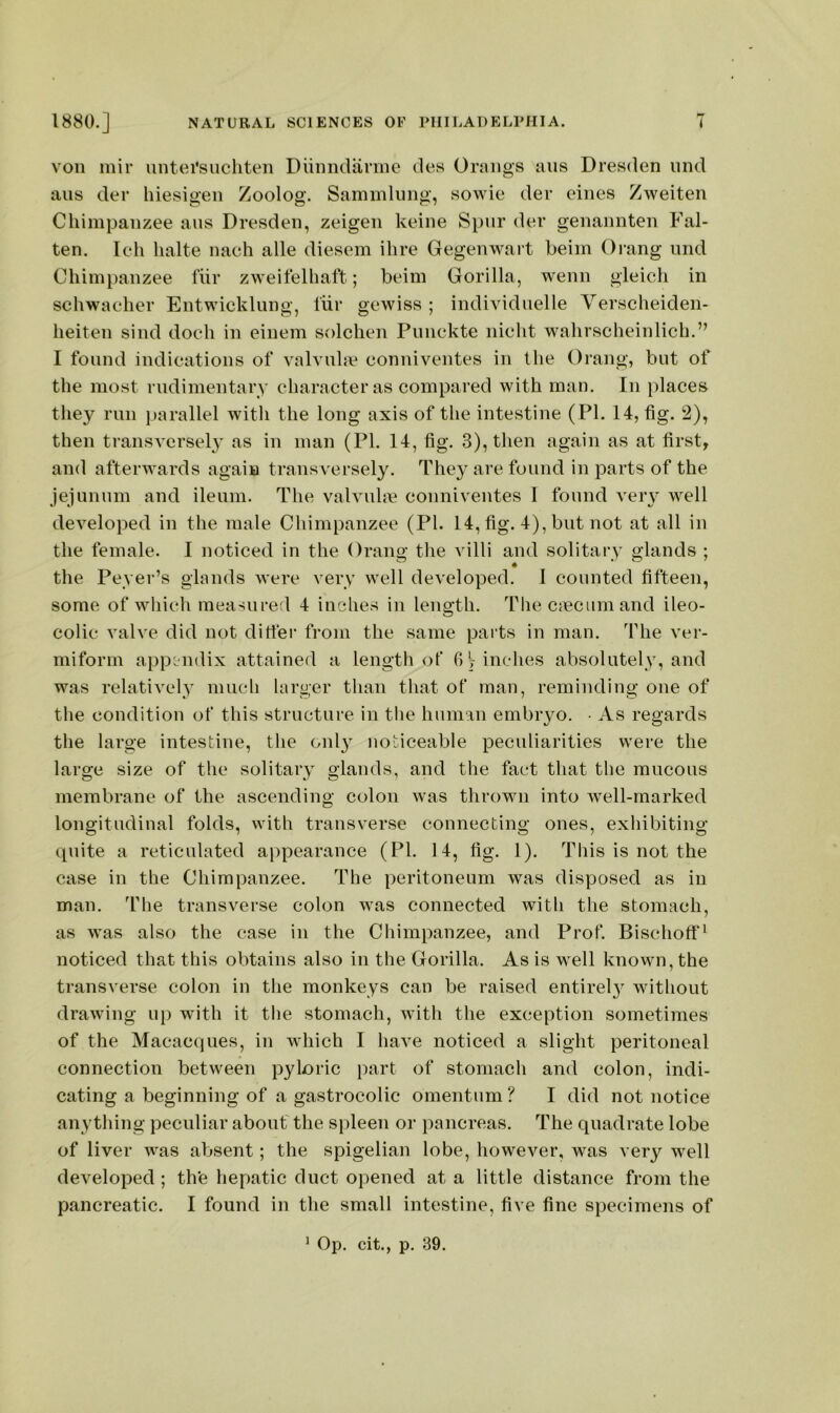 von inir untei’sucliten Diiimdarme des Orangs aiis Dresden iind ans der hiesigen Zoolog. Sammlung, sowie der eines Zweiten Chimpanzee aus Dresden, zeigen keine Si)iir der genannten Fal- ten. Ich lialte nach alle diesem ihre Gegenwart beim Oi-ang imd Chimpanzee fiir zweitelhaft; beim Gorilla, wenn gleich in schwaeher Entwicklung, liir gewiss ; individiielle Verscheiden- heiten sind doch in einem solchen Pnnekte nieht wahrscheinlich.” I found indications of valvuhv* conniventes in the Orang, but of the most rudimentary character as compared with man. In places the}^ run parallel with the long axis of the intestine (PI. 14, fig. 2), then transA'ersely as in man (PL 14, fig. 3), then again as at first, and afterwards again transversely. They are found in parts of the jejunum and ileum. The valvuhn conniventes I found very well developed in the male Chimpanzee (PI. 14, fig. 4), but not at all in the female. I noticed in the Orang the villi and solitai*y glands ; the Peyer’s glands were very well developed. I counted fifteen, some of which measured 4 inches in length. The cjcciim and ileo- colic valve did not ditter from the same parts in man. The ver- miform appendix attained a length of 6 j inches absolutely, and was relatively much larger than that of man, reminding one of the condition of this structure in the human embryo. • xVs regards the large intestine, the only noticeable peculiarities were the large size of the solitary glands, and the fact that the mucous membrane of the ascending colon was thrown into well-marked longitudinal folds, with transverse connecting ones, exhibiting quite a reticulated appearance (PI. 14, fig. 1). This is not the case in the Chimpanzee. The peritoneum was disposed as in man. The transverse colon was connected with the stomach, as was also the case in the Chimpanzee, and Prof. Bischoff^ noticed that this obtains also in the Gorilla. As is well known, the transverse colon in the monkeys can be raised entirely without drawing up with it the stomach, with the exception sometimes of the Macacques, in which I have noticed a slight peritoneal connection between pyloric part of stomach and colon, indi- cating a beginning of a gastrocolic omentum? I did not notice anything peculiar about' the spleen or pancreas. The quadrate lobe of liver was absent; the spigelian lobe, however, was very well developed; th'e hepatic duct opened at a little distance from the pancreatic. I found in the small intestine, five fine specimens of