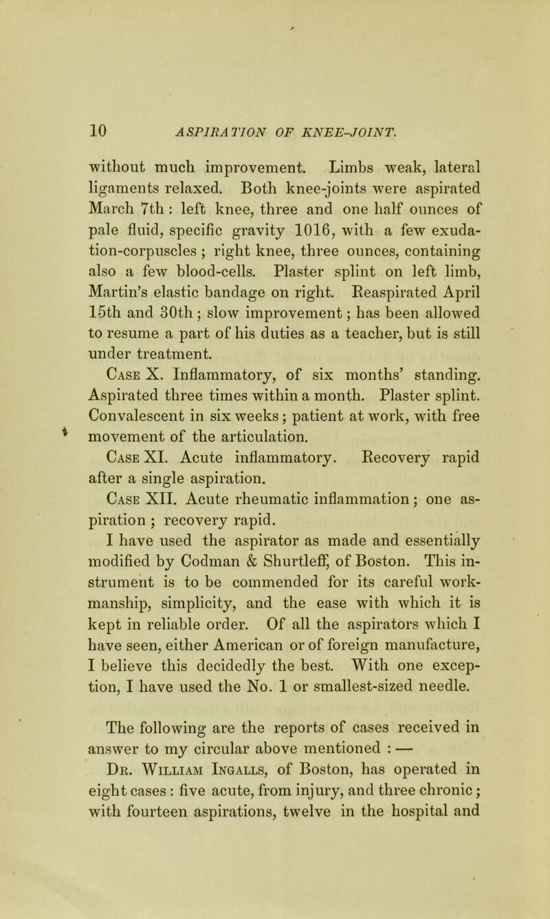 without much improvement. Limbs weak, lateral ligaments relaxed. Both knee-joints were aspirated March 7th : left knee, three and one half ounces of pale fluid, specific gravity 1016, with a few exuda- tion-corpuscles ; right knee, three ounces, containing also a few blood-cells. Plaster splint on left limb, Martin’s elastic bandage on right. Reaspirated April 15th and 30th; slow improvement; has been allowed to resume a part of his duties as a teacher, but is still under treatment. Case X. Inflammatory, of six months’ standing. Aspirated three times within a month. Plaster splint. Convalescent in six weeks; patient at work, with free movement of the articulation. Case XI. Acute inflammatory. Recovery rapid after a single aspiration. Case XII. Acute rheumatic inflammation; one as- piration ; recovery rapid. I have used the aspirator as made and essentially modified by Codman & Shurtleff, of Boston. This in- strument is to be commended for its careful work- manship, simplicity, and the ease with which it is kept in reliable order. Of all the aspirators which I have seen, either American or of foreign manufacture, I believe this decidedly the best. With one excep- tion, I have used the No. 1 or smallest-sized needle. The following are the reports of cases received in answer to my circular above mentioned : — Dr. William Ingalls, of Boston, has operated in eight cases : five acute, from injury, and three chronic; with fourteen aspirations, twelve in the hospital and