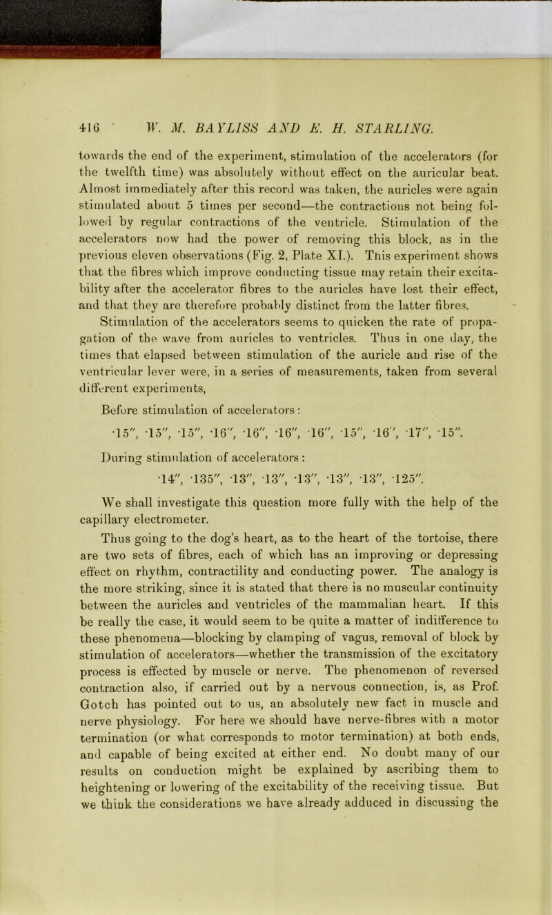 towards the end of the experiment, stimulation of the accelerators (for the twelfth time) was absolutely without effect on the auricular beat. Almost immediately after this record was taken, the auricles were again stimulated about 5 times per second—the contractions not being fol- lowed by regular contractions of the ventricle. Stimulation of the accelerators now had the power of removing this block, as in the previous eleven observations (Fig. 2, Plate XI.). This experiment shows that the fibres which improve conducting tissue may retain their excita- bility after the accelerator fibres to the auricles have lost their effect, and that they are therefore probably distinct from the latter fibres. Stimulation of the accelerators seems to quicken the rate of propa- gation of the wave from auricles to ventricles. Thus in one day, the times that elapsed between stimulation of the auricle and rise of the ventricular lever were, in a series of measurements, taken from several different experiments, Before stimulation of accelerators : 15, To, To, T6, T6, T6, 16, To, T6, T7, T5' During stimulation of accelerators : O 14, T35, T3 T3. T3. T3, T3, T25 - // We shall investigate this question more fully with the help of the capillar}7- electrometer. Thus going to the dog’s heart, as to the heart of the tortoise, there are two sets of fibres, each of which has an improving or depressing effect on rhythm, contractility and conducting power. The analogy is the more striking, since it is stated that there is no muscular continuity between the auricles and ventricles of the mammalian heart. If this be really the case, it would seem to be quite a matter of indifference to these phenomena—blocking by clamping of vagus, removal of block by stimulation of accelerators—whether the transmission of the excitatory process is effected by muscle or nerve. The phenomenon of reversed contraction also, if carried out by a nervous connection, is, as Prof. Gotch has pointed out to us, an absolutely new fact in muscle and nerve physiology. For here we should have nerve-fibres with a motor termination (or what corresponds to motor termination) at both ends, and capable of being excited at either end. No doubt many of our results on conduction might be explained by ascribing them to heightening or lowering of the excitability of the receiving tissue. But we think the considerations we have already adduced in discussing the