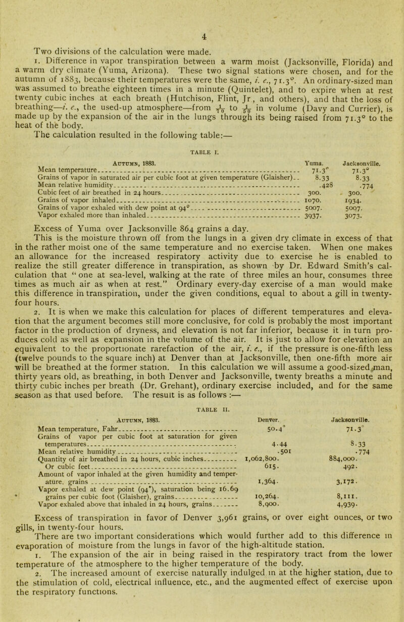 Two divisions of the calculation were made. i. Difference in vapor transpiration between a warm moist (Jacksonville, Florida) and a warm dry climate (Yuma, Arizona). These two signal stations were chosen, and for the autumn of 1883, because their temperatures were the same, i. e., 71.30. An ordinary-sized man was assumed to breathe eighteen times in a minute (Quintelet), and to expire when at rest twenty cubic inches at each breath (Hutchison, Flint, Jr , and others), and that the loss of breathing—i. e., the used-up atmosphere—from fa to fa in volume (Davy and Currier), is made up by the expansion of the air in the lungs through its being raised from 71.30 to the heat of the body. The calculation resulted in the following table:— TABLE I. Autumn, 1883. Mean temperature . . Grains of vapor in saturated air per cubic foot at given temperature (Glaisher).. Mean relative humidity. Cubic feet of air breathed in 24 hours. Grains of vapor inhaled Grains of vapor exhaled with dew point at 94°. Vapor exhaled more than inhaled Yuma. Jacksonville. 71-3° 71-3° 8-33 8.33 .428 .774 300. 300. 1070. 1934. 5007. 5007. 3937- 3073. Excess of Yuma over Jacksonville 864 grains a day. This is the moisture thrown off from the lungs in a given dry climate in excess of that in the rather moist one of the same temperature and no exercise taken. When one makes an allowance for the increased respiratory activity due to exercise he is enabled to realize the still greater difference in transpiration, as shown by Dr. Edward Smith’s cal- culation that “ one at sea-level, walking at the rate of three miles an hour, consumes three times as much air as when at rest.” Ordinary every-day exercise of a man would make this difference in transpiration, under the given conditions, equal to about a gill in twenty- four hours. 2. It is when we make this calculation for places of different temperatures and eleva- tion that the argument becomes still more conclusive, for cold is probably the most important factor in the production of dryness, and elevation is not far inferior, because it in turn pro- duces cold as well as expansion in the volume of the air. It is just to allow for elevation an equivalent to the proportionate rarefaction of the air, i. <?., if the pressure is one-fifth less (twelve pounds to the square inch) at Denver than at Jacksonville, then one-fifth more air will be breathed at the former station. In this calculation we will assume a good-sized man, thirty years old, as breathing, in both Denver and Jacksonville, twenty breaths a minute and thirty cubic inches per breath (Dr. Grehant), ordinary exercise included, and for the same season as that used before. The result is as follows :— TABLE II. Autumn, 1883. Mean temperature, Fahr. Grains of vapor per cubic foot at saturation for given temperatures - - Mean relative humidity Quantity of air breathed in 24 hours, cubic inches. — Or cubic feet Amount of vapor inhaled at the given humidity and temper- ature, grains Vapor exhaled at dew point (94*), saturation being 16.69 grains per cubic foot (Glaisher), grains Vapor exhaled above that inhaled in 24 hours, grains Denver. Jacksonville. 50-4° 71-3° 4.44 8-33 .501 •774 1,062,800. 884,000. 615. 492. I,364- 3,!72- 10,264. 8, hi. 8,900. 4,939- Excess of transpiration in favor of Denver 3,961 grains, or over eight ounces, or two gills, in twenty-four hours. There are two important considerations which would further add to this difference in evaporation of moisture from the lungs in favor of the high-altitude station. 1. The expansion of the air in being raised in the respiratory tract from the lower temperature of the atmosphere to the higher temperature of the body. 2. The increased amount of exercise naturally indulged in at the higher station, due to the stimulation of cold, electrical influence, etc., and the augmented effect of exercise upon the respiratory functions.