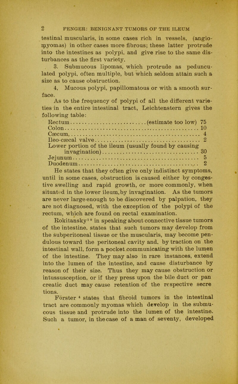 testinal muscularis, in some cases rich in vessels, (angio- i^iyomas) in other cases more fibrous; these latter protrude into the intestines as polypi, and give rise to the same dis- turbances as the first variety. 3. Submucous lipomas, which protrude as peduncu- lated polypi, often multiple, but which seldom attain such a size as to cause obstruction. 4, Mucous polypi, papillomatous or with a smooth sur- face. As to the frequency of polypi of all the different varie- ties in the entire intestinal tract, Leichtenstern gives the following table: Rectum (estimate too low) 75 Colon 10 Caecum, 4 Ileo-caecal valve 2 Lower portion of the ileum (usually found by causing invagination) 30 Jejunum 5 Duodenum 2 He states that they often give only indistinct symptoms, until in some cases, obstruction is caused either by conges- tive swelling and rapid growth, or more commonly, when situated in the lower ileum, by invagination. As the tumors are never large enough to be discovered by palpation, they are not diagnosed, with the exception of the polypi of the rectum, which are found on rectal examination. Rokitansky 1 ° in speaking about connective tissue tumors of the intestine, states that such tumors may develop from the subperitoneal tissue or the muscularis, may become pen- dulous toward the peritoneal cavity and, by traction on the intestinal wall, form a pocket communicating with the lumen of the intestine. They may also in rare instances, extend into the lumen of the intestine, and cause disturbance by reason of their size. Thus they may cause obstruction or intussusception, or if they press upon the bile duct or pan creatic duct may cause retention of the respective secre tions. Forster ^ states that fibroid tumors in the intestinal tract are commonly myomas which develop in the submu- cous tissue and protrude into the lumen of the intestine. Such a tumor, in the case of a man of seventy, developed