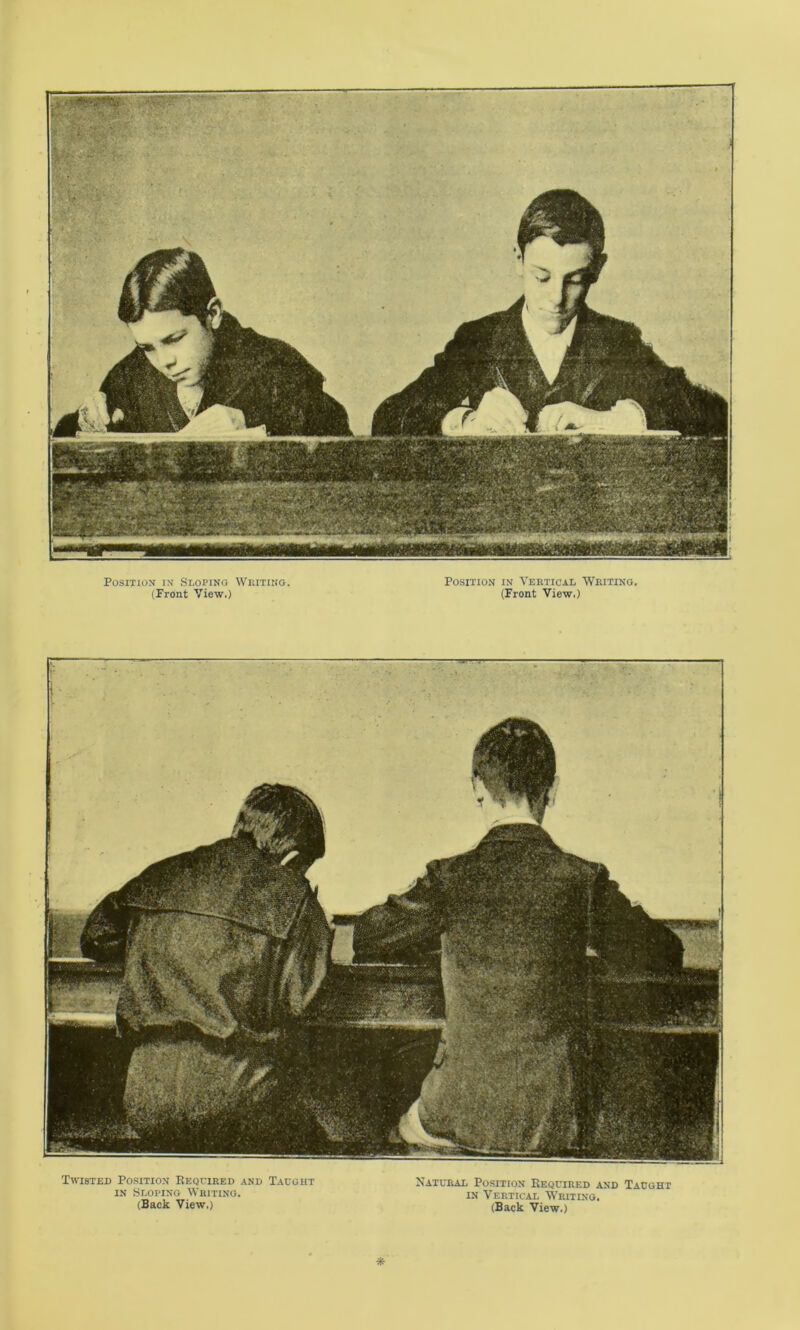 Position in Sloping Writing. (Front View.) Position in Vertical Writing. (Front View.) Twisted Position Required and Taught in Sloping Writing. (Back View.) Natural Position Required and Taught in Vertical Writing. (Back View.)