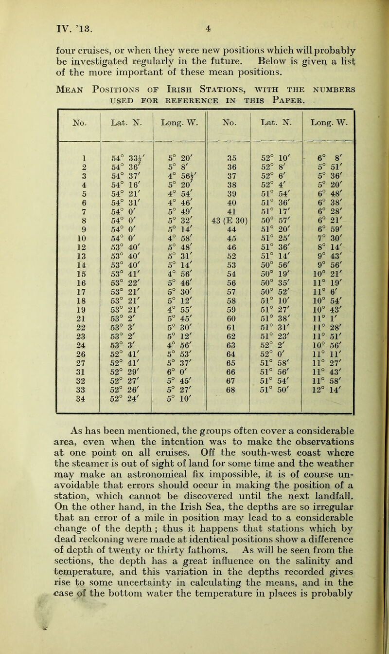 four cruises, or when they were new positions which will probably be investigated regularly in the future. Below is given a list of the more important of these mean positions. Mean Positions of Irish Stations, with the numbers USED FOR REFERENCE IN THIS PAPER. No. Lat . N. Long. W. No. Lat N. Long. W. 1 64° 33V 5° 20' 35 52° 10' 6° 8' 2 54° 36' 5° 8' 36 52° 8' 5° 51' 3 54° 37' 4° 561' 37 52° 6' 5° 36' 4 54° 16' 5° 20' 38 52° 4' 5° 20' 5 54° 21' 4° 54' 39 51° 54' 6° 48' 6 64° 31' 4° 46' 40 51° 36' 6° 38' 7 54° O' 5° 49' 41 51° 17' 6° 28' 8 54° 0' 5° 32' 43 (E 30) 50° 57' 6° 21' 9 54° O' 5° 14' 44 51° 20' 6° 59' 10 54° 0' 4° 58' 45 51° 25' 7° 30' 12 53° 40' 5° 48' 46 51° 36' 8° 14' 13 53° 40' 5° 31' 52 51° 14' 9° 43' 14 53° 40' 5° 14' 53 50° 56' 9° 56' 15 53° 41' 4° 56' 54 50° 19' 10° 21' 16 53° 22' 5° 46' 56 50° 35' 11° 19' 17 53° 21' 5° 30' 57 50° 52' 11° 6' 18 53° 21' 5° 12' 58 51° 10' 10° 54' 19 53° 21' 4° 55' 59 51° 27' 10° 43' 21 53° 2' 5° 45' 60 51° 38' 11° 1' 22 53° 3' 5° 30' 61 51° 31' 11° 28' 23 63° 2' 5° 12' 62 51° 23' 11° 51' 24 53° 3' 4° 56' 63 52° 2' 10° 56' 26 52° 41' 5° 53' 64 52° 0' 11° 11' 27 52° 41' 5° 37' 65 51° 58' 11° 27' 31 52° 29' 6° 0' 66 51° 56' 11° 43' 32 52° 27' 5° 45' 67 51° 54' 11° 58' 33 52° 26' 5° 27' 68 51° 50' 12° 14' 34 52° 24' 5° 10' As has been mentioned, the groups often cover a considerable area, even when the intention was to make the observations at one point on all cruises. Off the south-west coast where the steamer is out of sight of land for some time and the weather may make an astronomical fix impossible, it is of course un- avoidable that errors should occur in making the position of a station, which cannot be discovered until the next landfall. On the other hand, in the Irish Sea, the depths are so irregular that an error of a mile in position may lead to a considerable change of the depth ; thus it happens that stations which by dead reckoning were made at identical positions show a difference of depth of twenty or thirty fathoms. As will be seen from the sections, the depth has a great influence on the salinity and temperature, and this variation in the depths recorded gives rise to some uncertainty in calculating the means, and in the case of the bottom water the temperature in places is probably