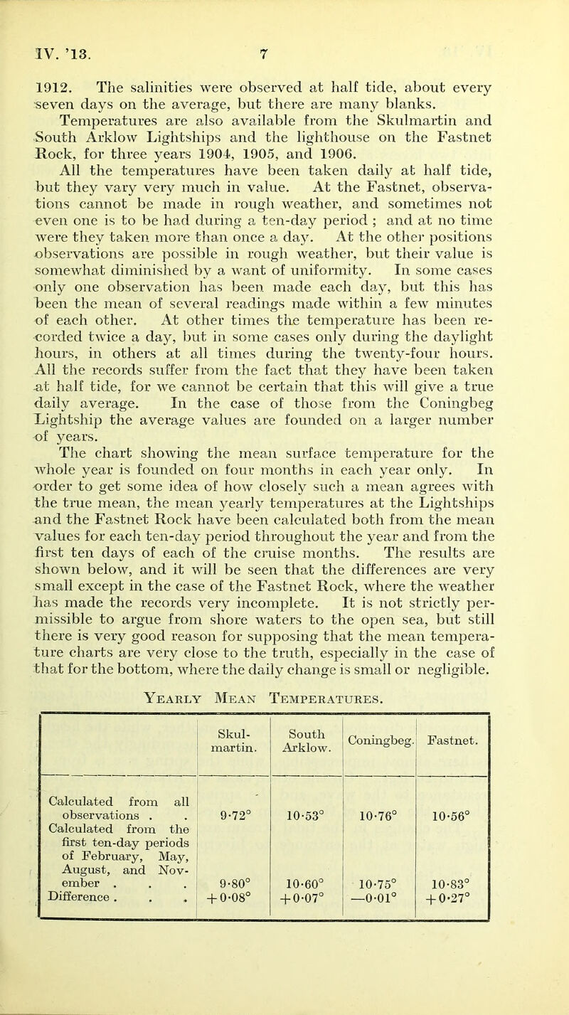 1912. The salinities were observed at half tide, about every seven days on the average, but there are many blanks. Temperatures are also available from the Skulmartin and South Arklow Lightships and the lighthouse on the Fastnet Rock, for three years 1904, 1905, and 1906. All the temperatures have been taken daily at half tide, but they vary very much in value. At the Fastnet, observa- tions cannot be made in rough weather, and sometimes not even one is to be had during a ten-day period ; and at no time were they taken more than once a day. At the other positions observations are possible in rough weather, but their value is somewhat diminished by a want of uniformity. In some cases only one observation has been made each day, but this has been the mean of several readings made within a few minutes of each other. At other times the temperature has been re- corded twice a day, but in some cases only during the daylight hours, in others at all times during the twenty-four hours. All the records suffer from the fact that they have been taken .at half tide, for we cannot be certain that this will give a true daily average. In the case of those from the Coningbeg Lightship the average values are founded on a larger number of years. The chart showing the mean surface temperature for the whole year is founded on four months in each year only. In order to get some idea of how closely such a mean agrees with the true mean, the mean yearly temperatures at the Lightships and the Fastnet Rock have been calculated both from the mean values for each ten-day period throughout the year and from the first ten days of each of the cruise months. The results are shown below, and it will be seen that the differences are very small except in the case of the Fastnet Rock, where the weather has made the records very incomplete. It is not strictly per- missible to argue from shore waters to the open sea, but still there is very good reason for supposing that the mean tempera- ture charts are very close to the truth, especially in the case of that for the bottom, where the daily change is small or negligible. Yearly Mean Temperatures. Skul- martin. South Arklow. Coningbeg. Fastnet. Calculated from all observations . Calculated from the 9-72° 10-53° 10-76° 10-56° first ten-day periods of February, May, August, and Nov- ember . 9-80° 10-60° 10-75° 10-83° Difference . + 0-08° + 0-07° —0-01° + 0-27°