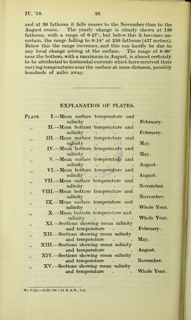 and at 30 fathoms it falls nearer to the November than to the August cruise. The yearly change is clearly shown at 150 fathoms, with a range of 0-27°, but below this it becomes un- certain, the range falling to 0-14° at 250 fathoms (457 metres). Below this the range increases, and this can hardly be due to any local change arising at the surface. The range of 0-30° near the bottom, with a maximum in August, is almost certainly to be attributed to horizontal currents which have received their varying temperatures near the surface at some distance, possibly hundreds of miles away. EXPLANATION OF PLATES. I.—Mean surface temperature and salinity February. 11.—Mean bottom temperature and salinity February. III.—Mean surface temperature and salinity . . > May. IV.—Mean bottom temperature and salinity . . . VJ May. V.—Mean surface temperature and salinity . . August. VI.—Mean bottom temperature and salinity ' •. -•r . August. VII.—Mean surface temperature and salinity November. VIII.—Mean bottom temperature and salinity November. IX.—Mean surface temperature and salinity Whole Year. X.—Mean bottom temperature and salinity Whole Year. XI.—Sections showing mean salinity and temperature February. XII.—Sections showing mean salinity and temperature May. XIII.—Sections showing mean salinity and temperature August. XIV.—Sections showing mean salinity and temperature November. XV.—Sections showing mean salinity and temperature WThole Year. Wt. P.215.—S.2'22. 750. 7 13. B. & N., Ltd.