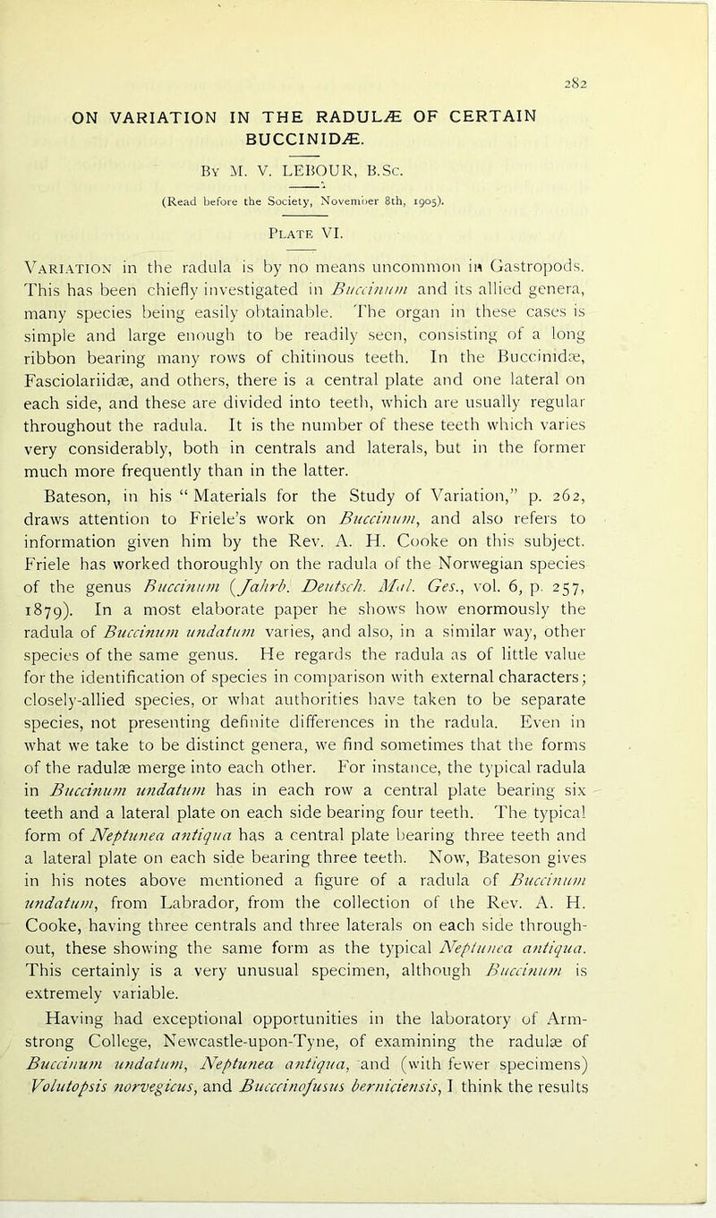 ON VARIATION IN THE RADUL^ OF CERTAIN BUCCINID^. By :sr. V. LEBOUR, B.Sc. (Read before the Society, November 8th, 1905). Plate VI. Varlation in the radula is by no means uncommon in Gastropods. This has been chiefly investigated in Buccinum and its allied genera, many species being easily obtainable. The organ in these cases is simple and large enough to be readily seen, consisting of a long ribbon bearing many rows of chitinous teeth. In the Buccimdte, Fasciolariidse, and others, there is a central plate and one lateral on each side, and these are divided into teeth, which are usually regular throughout the radula. It is the number of these teeth which varies very considerably, both in centrals and laterals, but in the former much more frequently than in the latter. Bateson, in his “ Materials for the Study of Variation,” p. 262, draws attention to Friele’s work on Buccinum, and also refers to information given him by the Rev. A. H. Cooke on this subject. Friele has worked thoroughly on the radula of the Norwegian species of the genus Buccinum (^Jahrb. Deutsch. Mi/l. Ges., vol. 6, p. 257, 1879). In a most elaborate paper he shows how enormously the radula of Buccimim u?idatum varies, and also, in a similar way, other species of the same genus. He regards the radula as of little value for the identification of species in comparison with external characters; closely-allied species, or what authorities have taken to be separate species, not presenting definite differences in the radula. Even in what we take to be distinct genera, we find sometimes that the forms of the radulte merge into each other. For instance, the typical radula in Buccinum undatum has in each row a central plate bearing six teeth and a lateral plate on each side bearing four teeth. The typical form of Neptunea antiqua has a central plate bearing three teeth and a lateral plate on each side bearing three teeth. Now, Bateson gives in his notes above mentioned a figure of a radula of Buccinum undatum, from Labrador, from the collection of the Rev. A. H. Cooke, having three centrals and three laterals on each side through- out, these showing the same form as the typical Neptunea antiqua. This certainly is a very unusual specimen, although Buccinum is extremely variable. Having had exceptional opportunities in the laboratory of Arm- strong College, Newcastle-upon-Tyne, of examining the radula of Buccinum undatum, Neptunea antiqua, and (with fewer specimens) Volutopsis norvegicus, and Bucccinofusus berniciensis, I think the results