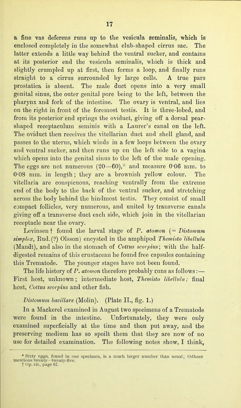 a fine vas deferens runs up to tlie vesicula seminalis, •which is enclosed completely in the somewhat club-shaped cirrus sac. The latter extends a little way behind the ventral sucker, and contains at its posterior end the vesicula seminalis, which is thick and slightly crumpled up at first, then forms a loop, and finally runs straight to a cirrus surrounded by large cells. A true pars prostatica is absent. The male duct opens into a very small genital sinus, the outer genital pore being to the left, between the pharynx and fork of the intestine. The ovary is ventral, and lies on the right in front of the foremost testis. It is three-lobed, and from its posterior end springs the oviduct, giving off a dorsal pear- shaped receptaculum seminis with a Laurer’s canal on the left. The oviduct then receives the vitellarian duct and shell gland, and passes to the uterus, which winds in a few loops between the ovary and ventral sucker, and then runs up on the left side to a vagina which opens into the genital sinus to the left of the male opening. The eggs are not numerous (20—60),* and measure 0-06 mm. to 0-08 mm. in length; they are a brownish yellow colour. The vitellaria are conspicuous, reaching ventrally from the extreme end of the body to the back of the ventral sucker, and stretching across the body behind the hindmost testis. They consist of small compact follicles, very numerous, and united by transverse canals giving off a transverse duct each side, which join in the vitellarian receptacle near the ovary. Levinsenf found the larval stage of P. atomon (= Distomum simplex, Rud. (?) Olsson) encysted in the amphipod Themisto libellula (Mandt), and also in the stomach of Cottus scorpius; with the half- digested remains of this crustacean he found free capsules containing this Trematode. The younger stages have not been found. The life history of P. atomon therefore probably runs as follows:— First host, unknown; intermediate host, Themisto libellula; final host, Coitus scorpius and other fish. Distomum bacillare (Molin). (Plate II., fig. 1.) In a Mackerel examined in August two specimens of a Trematode were found in the intestine. Unfortunately, they were only examined superficially at the time and then put away, and the preserving medium has so spoilt them that they are now of no use for detailed examination. The following notes show, I think, * Sixty eggs, found in one specimen, is a nnich larger number than usual; Odlmer men tions twenty—twenty-five,