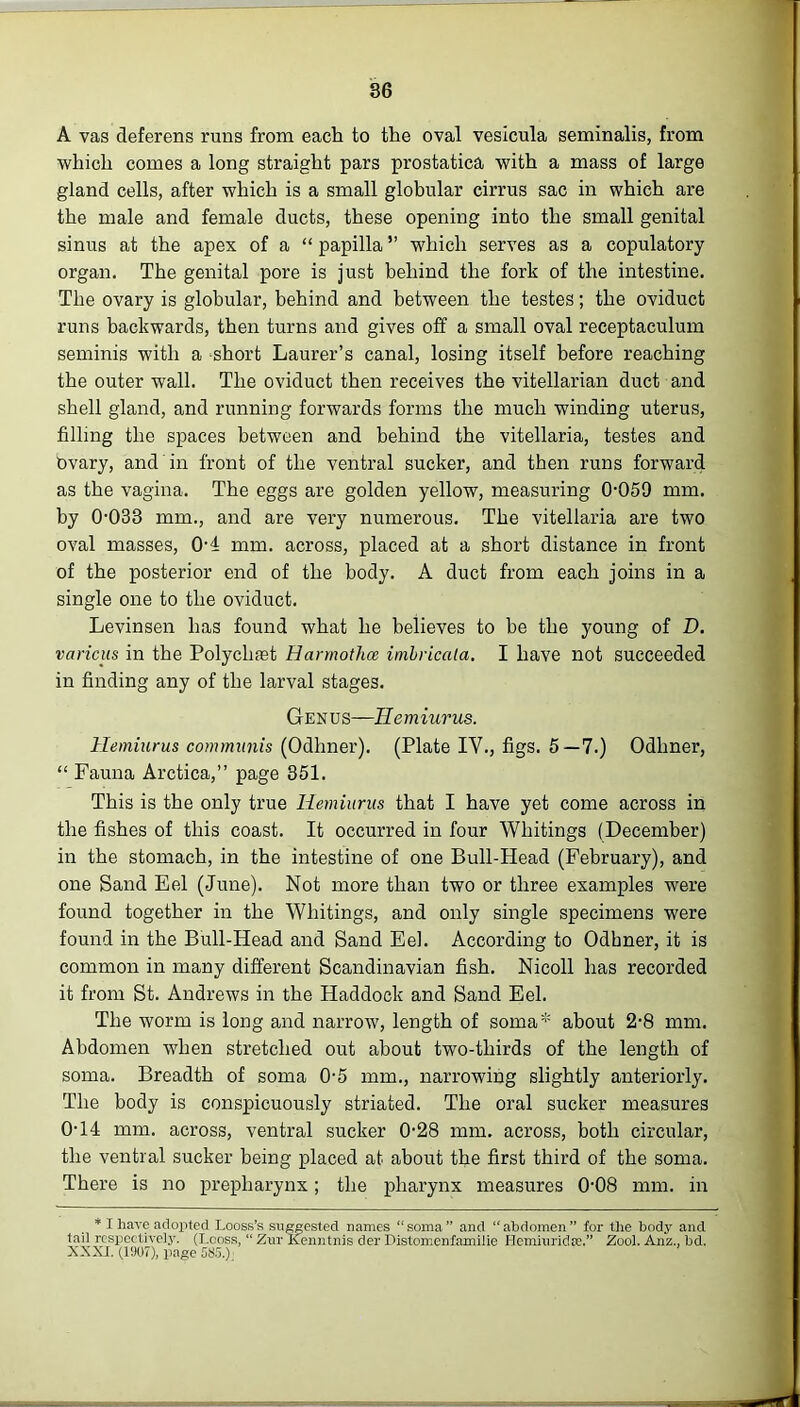 A vas deferens runs from each to the oval vesicula seminalis, from which comes a long straight pars prostatica with a mass of large gland cells, after which is a small globular cirrus sac in which are the male and female ducts, these opening into the small genital sinus at the apex of a “ papilla ” which serves as a copulatory organ. The genital pore is just behind the fork of the intestine. The ovary is globular, behind and between the testes; the oviduct runs backwards, then turns and gives off a small oval receptaculum seminis with a short Laurer’s canal, losing itself before reaching the outer wall. The oviduct then receives the vitellarian duct and shell gland, and running forwards forms the much winding uterus, filling the spaces between and behind the vitellaria, testes and Pvary, and in front of the ventral sucker, and then runs forward as the vagina. The eggs are golden yellow, measuring 0-059 mm. by 0-033 mm., and are very numerous. The vitellaria are two oval masses, 0-4 mm. across, placed at a short distance in front of the posterior end of the body. A duct from each joins in a single one to the oviduct. Levinsen has found what he believes to be the young of D. various in the Polyclnet Hannothce imbricata. I have not succeeded in finding any of the larval stages. Genus—Hemiurus. Hemiurus communis (Odhner). (Plate IV., figs. 5—7.) Odhner, “ Fauna Arctica,” page 351. This is the only true Hemiurus that I have yet come across in the fishes of this coast. It occurred in four Whitings (December) in the stomach, in the intestine of one Bull-Head (February), and one Sand Eel (June). Not more than two or three examples were found together in the Whitings, and only single specimens were found in the Bull-Head and Sand Eel. According to Odbner, it is common in many different Scandinavian fish. Nicoll has recorded it from St. Andrews in the Haddock and Sand Eel. The worm is long and narrow, length of soma* about 2-8 mm. Abdomen when stretched out about two-thirds of the length of soma. Breadth of soma 0-5 mm., narrowing slightly anteriorly. The body is conspicuously striated. The oral sucker measures 0-14 mm. across, ventral sucker 0-28 mm. across, both circular, the ventral sucker being placed at about the first third of the soma. There is no prepharynx; the pharynx measures 0-08 mm. in * I have adopted Looss’s suggested names “soma” and “abdomen” for the body and tail respectively. (Lcoss, “ Znr Kenntnis der Distomenfamilie Hemiuridse.” Zool. Anz.. bd. XXXI. (1907), page 585.);