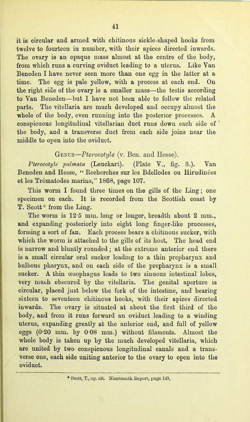 it is circular and armed with chitinous sickle-shaped hooks from twelve to fourteen in number, with their apices directed inwards. The ovary is an opaque mass almost at the centre of the body, from which runs a curving oviduct leading to a uterus. Like Van Beneden I have never seen more than one egg in the latter at a time. The egg is pale yellow, with a process at each end. On the right side of the ovary is a smaller mass—the testis according to Van Beneden—but I have not been able to follow the related parts. The vitellaria are much developed and occupy almost the whole of the body, even running into the posterior processes. A conspicuous longitudinal vitellarian duct runs down each side of the body, and a transverse duct from each side joins near the middle to open into the oviduct. Genus—Ptevocotyle (v. Ben. and Hesse). Pterocotyle palmata (Leuckart). (Plate V., fig. 3.). Van Beneden and Hesse, “ Becherches sur les Bdellodes ou Hirudinees et les Trematodes marins,” 1868, page 107. This worm I found three times on the gills of the Ling; one specimen on each. It is recorded from the Scottish coast by T. Scott* from the Ling. The worm is 125 mm. long or longer, breadth about 2 mm., and expanding posteriorly into eight long finger-like processes, forming a sort of fan. Each process bears a chitinous sucker, with which the worm is attached to the gills of its host. The head end is narrow and bluntly rounded; at the extreme anterior end there is a small circular oral sucker leading to a thin prepharynx and bulbous pharynx, and on each side of the prepharynx is a small sucker. A thin oesophagus leads to two sinuous intestinal lobes, very much obscured by the vitellaria. The genital aperture is circular, placed just below the fork of the intestine, and bearing sixteen to seventeen chitinous hooks, with their apices directed inwards. The ovary is situated at about the first third of the body, and from it runs forward an oviduct leading to a winding uterus, expanding greatly at the anterior end, and full of yellow eggs (0-20 mm. by 0 08 mm.) without filaments. Almost the whole body is taken up by the much developed vitellaria, which are united by two conspicuous longitudinal canals and a trans- verse one, each side uniting anterior to the ovary to open into the oviduct. * Scott, T., op. cit. Nineteenth Report, page 149,