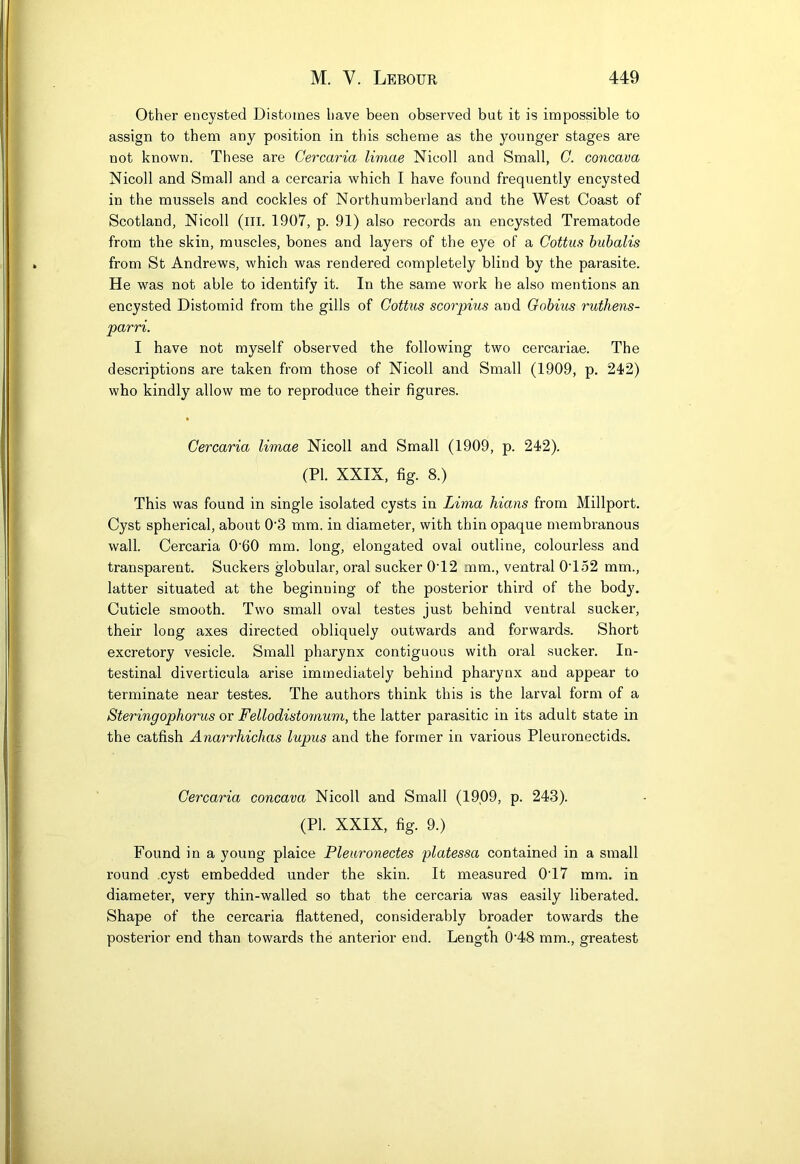 Other encysted Distoines have been observed but it is impossible to assign to them any position in this scheme as the younger stages are not known. These are Gercaria liniae Nicoll and Small, G. concava Nicoll and Small and a cercaria which I have found frequently encysted in the mussels and cockles of Northumberland and the West Coast of Scotland, Nicoll (ill. 1907, p. 91) also records an encysted Trematode from the skin, muscles, bones and layers of the eye of a Gottus huhalis from St Andrews, which was rendered completely blind by the parasite. He was not able to identify it. In the same work he also mentions an encysted Distomid from the gills of Gottus scorpius and Gohius ruthens- parri. I have not myself observed the following two cercariae. The descriptions are taken from those of Nicoll and Small (1909, p. 242) who kindly allow me to reproduce their figures. Gercaria limae Nicoll and Small (1909, p. 242). (PI. XXIX, fig. 8.) This was found in single isolated cysts in Lima Mans from Millport. Cyst spherical, about 0‘3 mm. in diameter, with thin opaque membranous wall. Cercaria 0'60 mm. long, elongated oval outline, colourless and transparent. Suckers globular, oral sucker 0'12 mm., ventral 0'152 mm., latter situated at the beginning of the posterior third of the body. Cuticle smooth. Two small oval testes just behind ventral sucker, their long axes directed obliquely outwards and forwards. Short excretory vesicle. Small pharynx contiguous with oral sucker. In- testinal diverticula arise immediately behind pharynx and appear to terminate near testes. The authors think this is the larval form of a Steringophorus or Fellodistomum, the latter parasitic in its adult state in the catfish Anarrhichas lupus and the former in various Pleuronectids. Gercaria concava Nicoll and Small (1909, p. 243). (PI. XXIX, fig. 9.) Found in a young plaice Plearonectes platessa contained in a small round cyst embedded under the skin. It measured 0'17 mm. in diameter, very thin-walled so that the cercaria was easily liberated. Shape of the cercaria flattened, considerably broader towards the posterior end than towards the anterior end. Length 0'48 mm., greatest