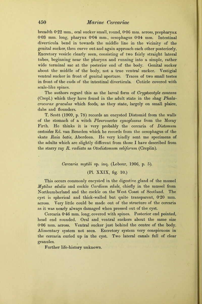 breadth 0'22 mm., oral sucker small, round, 0'06 mm. across, prepharynx 0'03 mm. long, pharynx 0'04 mm., oesophagus 0'04 mm. Intestinal diverticula bend in towards the middle line in the vicinity of the genital sucker, then curve out and again approach each other posteriorly. Excretory vesicle clearly seen, consisting of two fairly straight lateral tubes, beginning near the pharynx and running into a simple, rather wide terminal sac at the posterior end of the body. Genital sucker about the middle of the body, not a true ventral sucker. Vestigial ventral sucker in front of genital aperture. Traces of two small testes in front of the ends of the intestinal diverticula. Cuticle covered with scale-like spines. The authors regard this as the larval form of Gryptocotyle concava (Crepl.) which they have found in the adult state in the shag Phala- crocorax graculus which feeds, as they state, largely on small plaice, dabs and flounders. T. Scott (1909, p. 78) records an encysted Distomid from the walls of the stomach of a witch Pleuronectes cynoglossus from the Moray Firth. He thinks it is very probably the cercaria of Distomum cestoides Ed. van Beneden which he records from the oesophagus of the skate Raia batis, Aberdeen. He very kindly sent me specimens of the adults which are slightly different from those I have described from the starry ray R. radiata as Otodistomum veliforum (Creplin). Cercaria mytili sp. inq. (Lebour, 1906, p. 5). (PI. XXIX, fig. 10.) This occurs commonly encysted in the digestive gland of the mussel Mytilus edulis and cockle Gardium edule, chiefly in the mussel from Northumberland and the cockle on the West Coast of Scotland. The cyst is spherical and thick-walled but quite transparent, 0’20 mm. across. Very little could be made out of the structure of the cercaria as it was nearly always damaged when pressed out of the cyst. Cercaria 0'46 mm. long, covered with spines. Posterior end pointed, head end rounded. Oral and ventral suckers about the same size 0’06 mm. across. Ventral sucker just behind the centre of the body. Alimentary system not seen. Excretory system very conspicuous in the cercaria curled up in the cyst. Two lateral canals full of clear granules. Further life-history unknown.